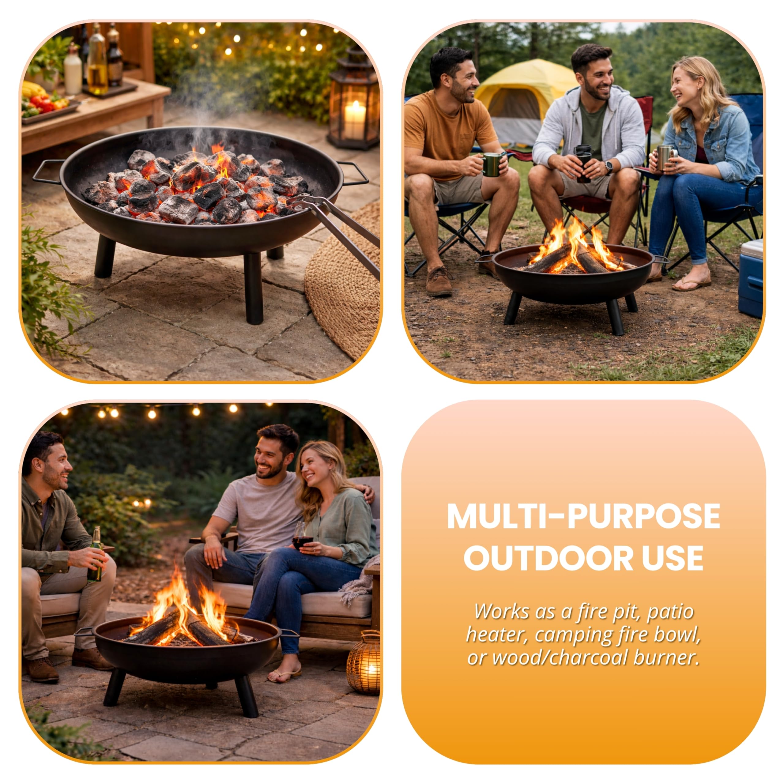 Garden Mile Outdoor Fire Pit Bowl 58cm Large Round Steel Garden Fire Pit with Handles Portable Wood Burning Fire Bowl with 3 Legs Heat Resistant Powder Coated Firepit for Patio, Camping, Bonfire — view 6