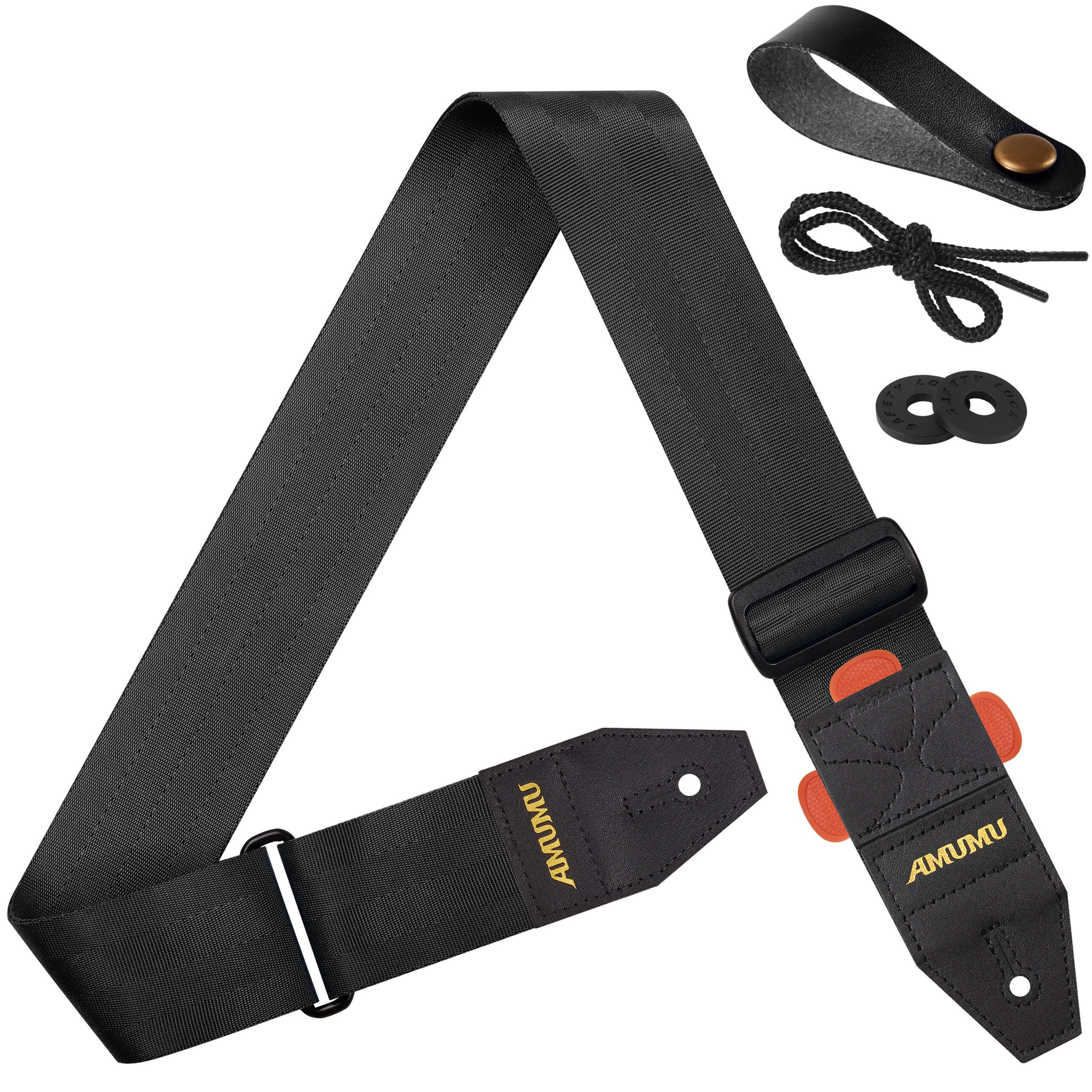 Amumu Unisex Black Duralink Nylon Seatbelt Guitar Strap With Top Grain Leather Ends For Acoustic, Electric, Bass Guitar, With Quick-Fetch Pick Holder