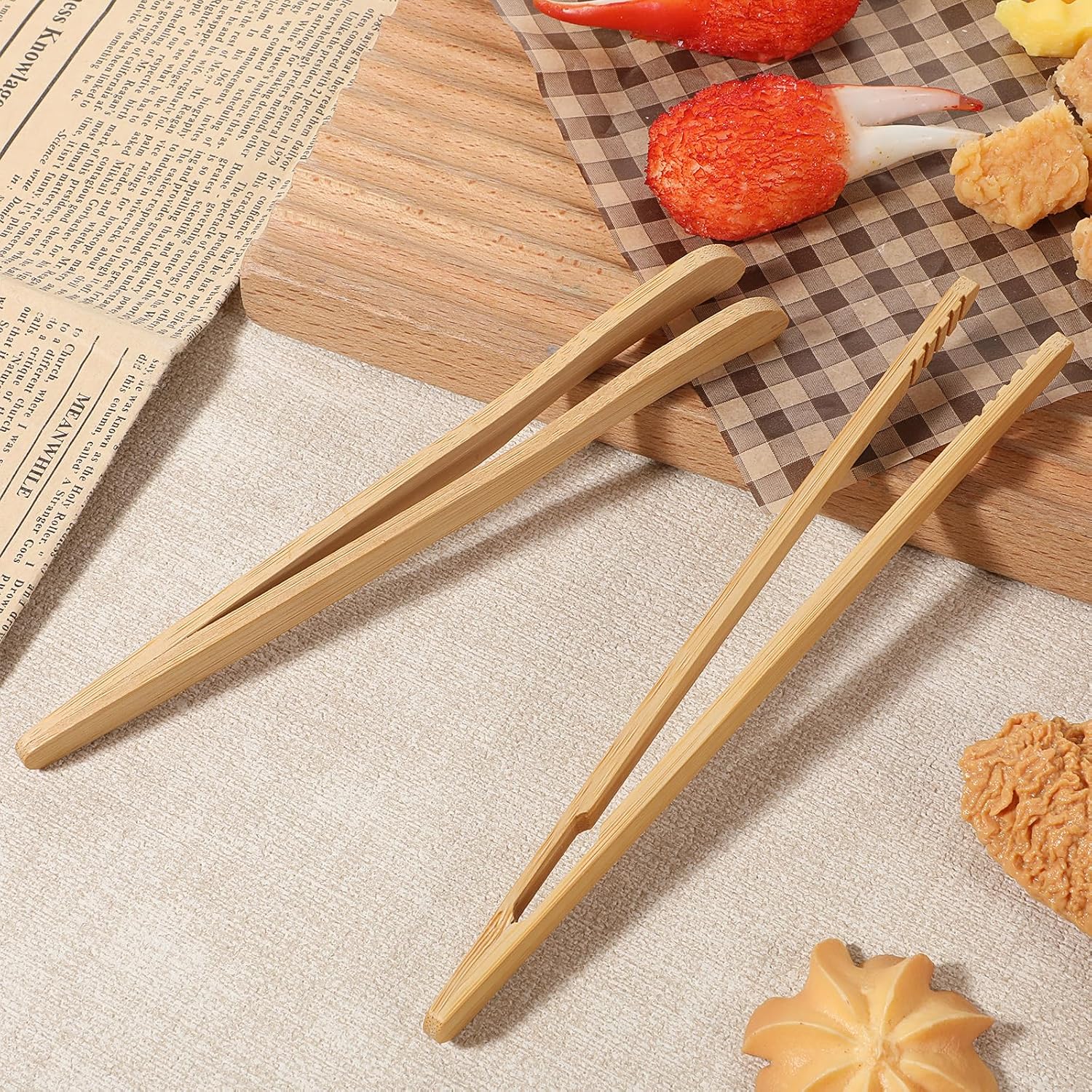 8Pcs Kitchen Utensil Tong Bamboo Tongs with Serrated Tips
