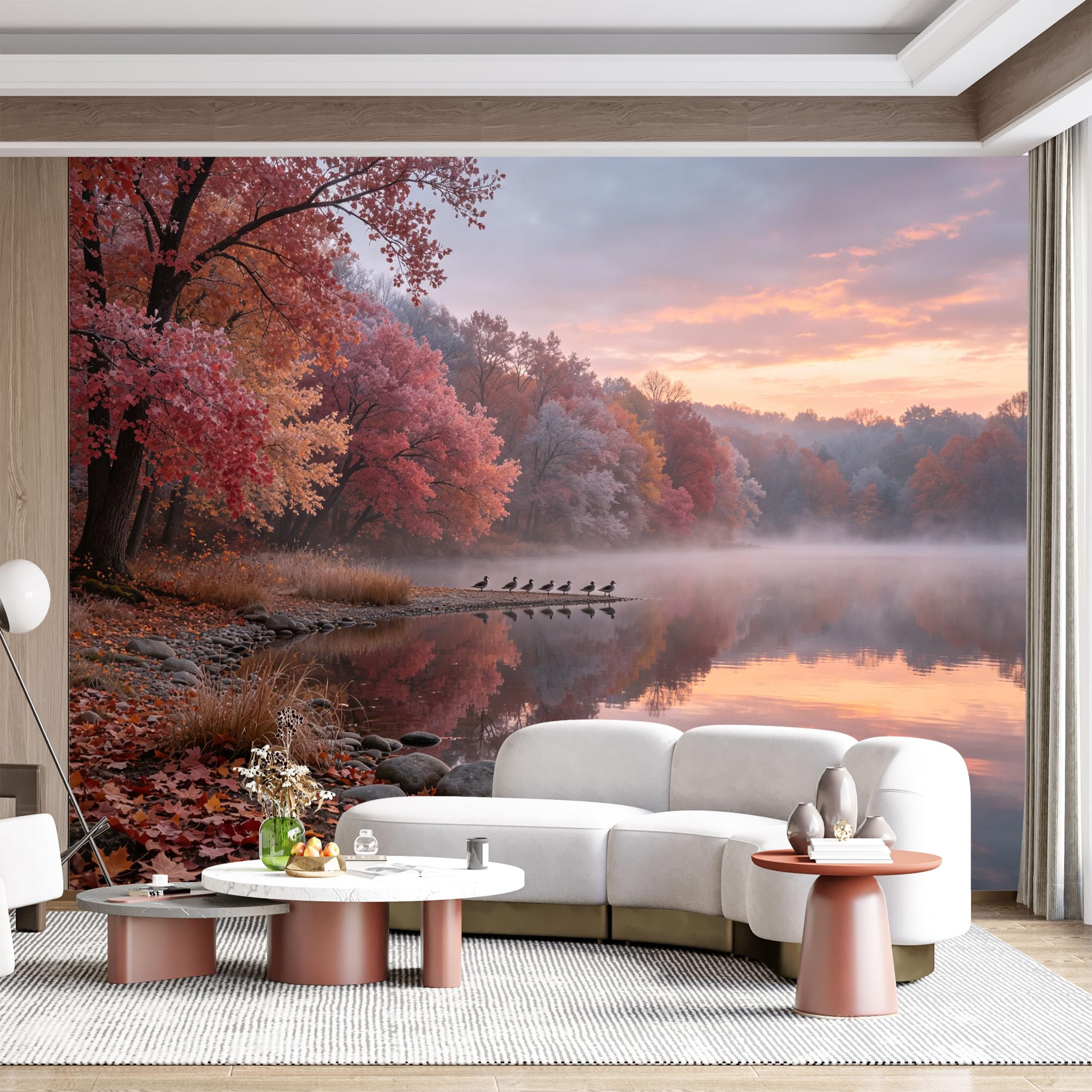 Custom Size Wall Mural Autumn Lakeside Landscape Misty Morning Watercolor Reflection SelfAdhesive Wall Fabric Removable for Home Office Decor