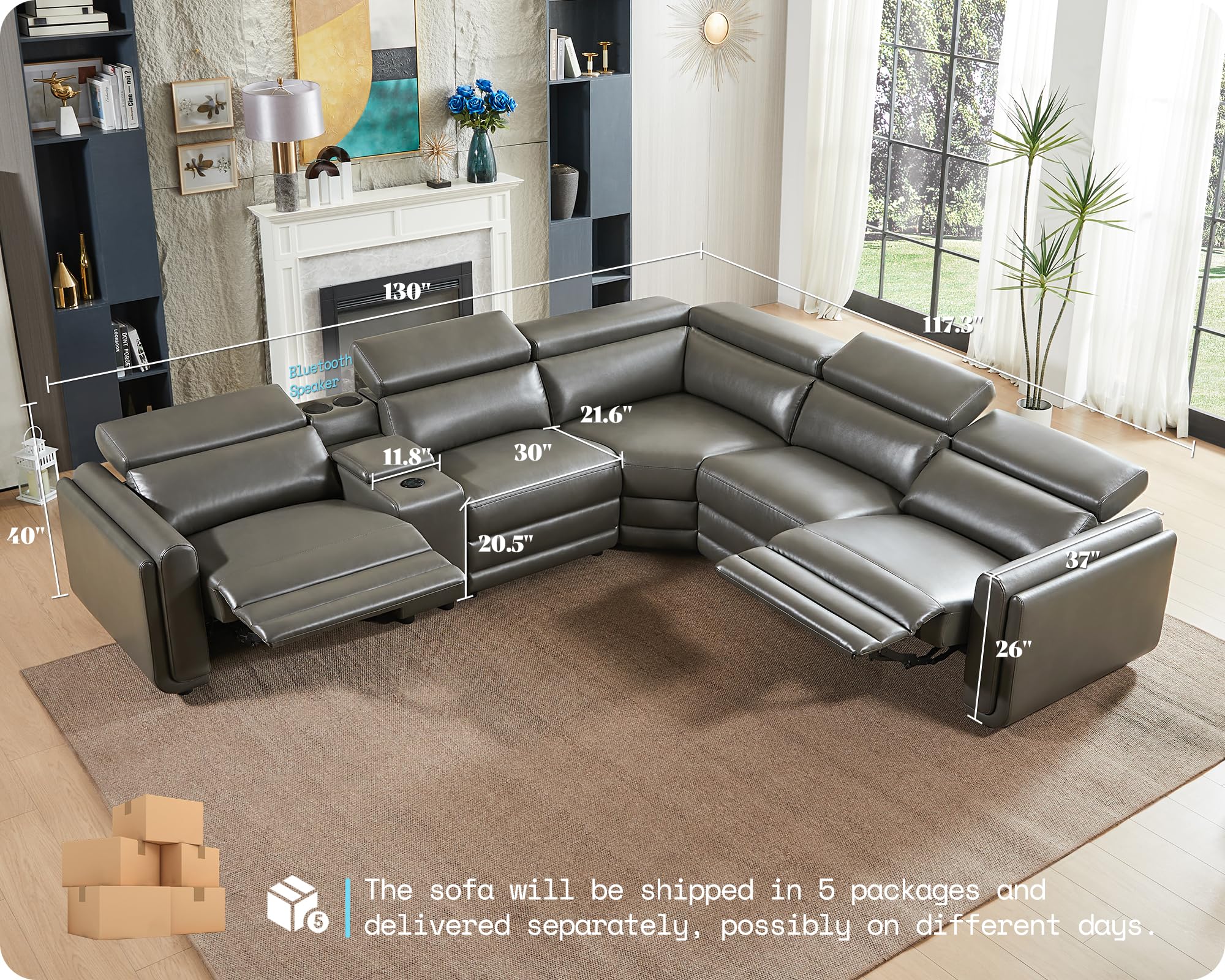 Best Gray Leather Sectional Picks for 2026 2 AMERLIFE Oversized Power Recliner Sectional Sofa, Leather Recliner Sofa, Dark Gr — product photo