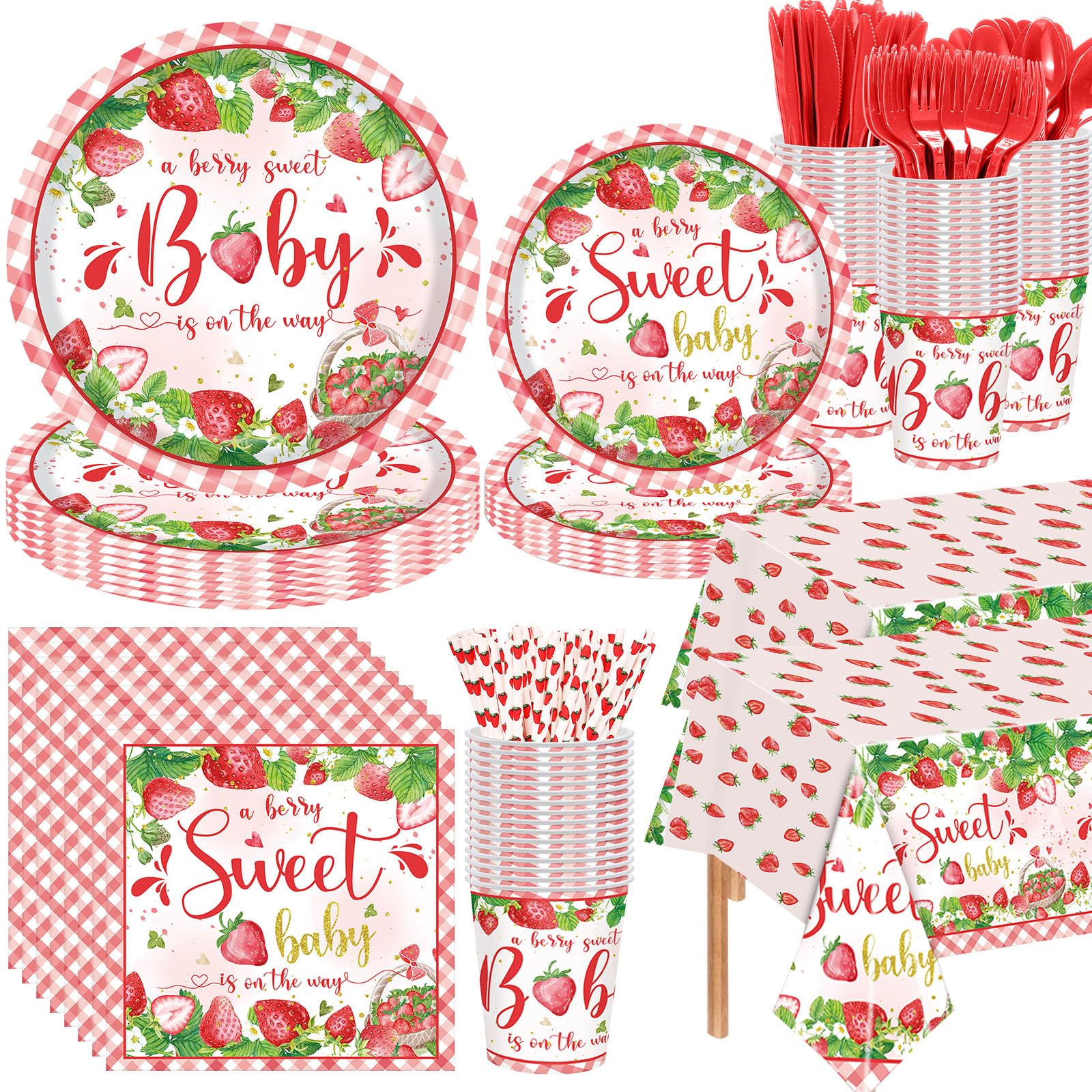 Funnymoom 452 Pcs Strawberry Baby Shower Decorations Party Supplies Strawberry Paper Plates Napkins Cups Tablecloth Cutlery Straws Tableware for a
