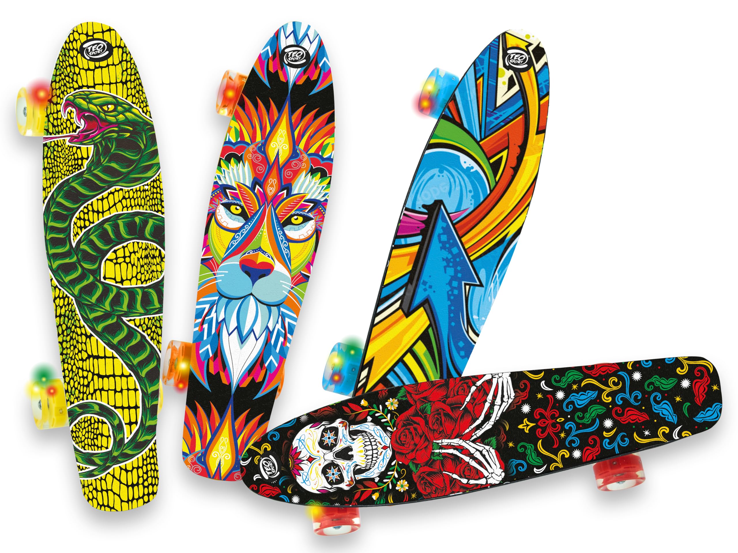 Teorema - Skateboard 57 cm, con Pedana Antiscivolo, Truck in Alluminio, Ruote 45 mm in PU trasparente con LED luminosi, Cuscinetti ABEC-7, Portata massima 100 kg