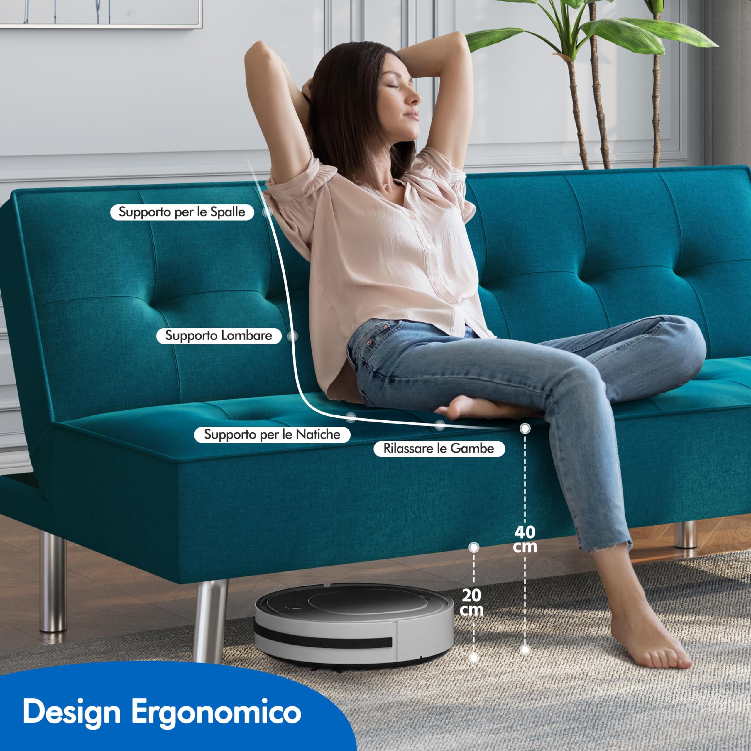 Yaheetech Divano Letto Reclinabile con Seduta Imbottita Convertibile in Letto 105° - 180° Mobile Regolabile da Soggiorno Salotto Stanza Ospiti Arredamento per Riposo Blu Acqua/Tessuto