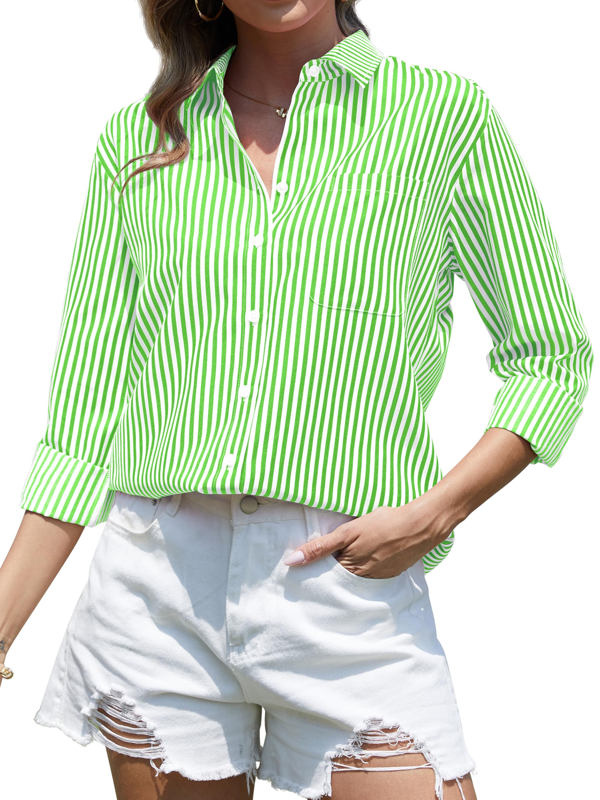 CUNLIN Grade 4 Wrinkle-Resistant Women's Button Down Shirts Striped Long Sleeve Collared Blouses Tops with Pocket