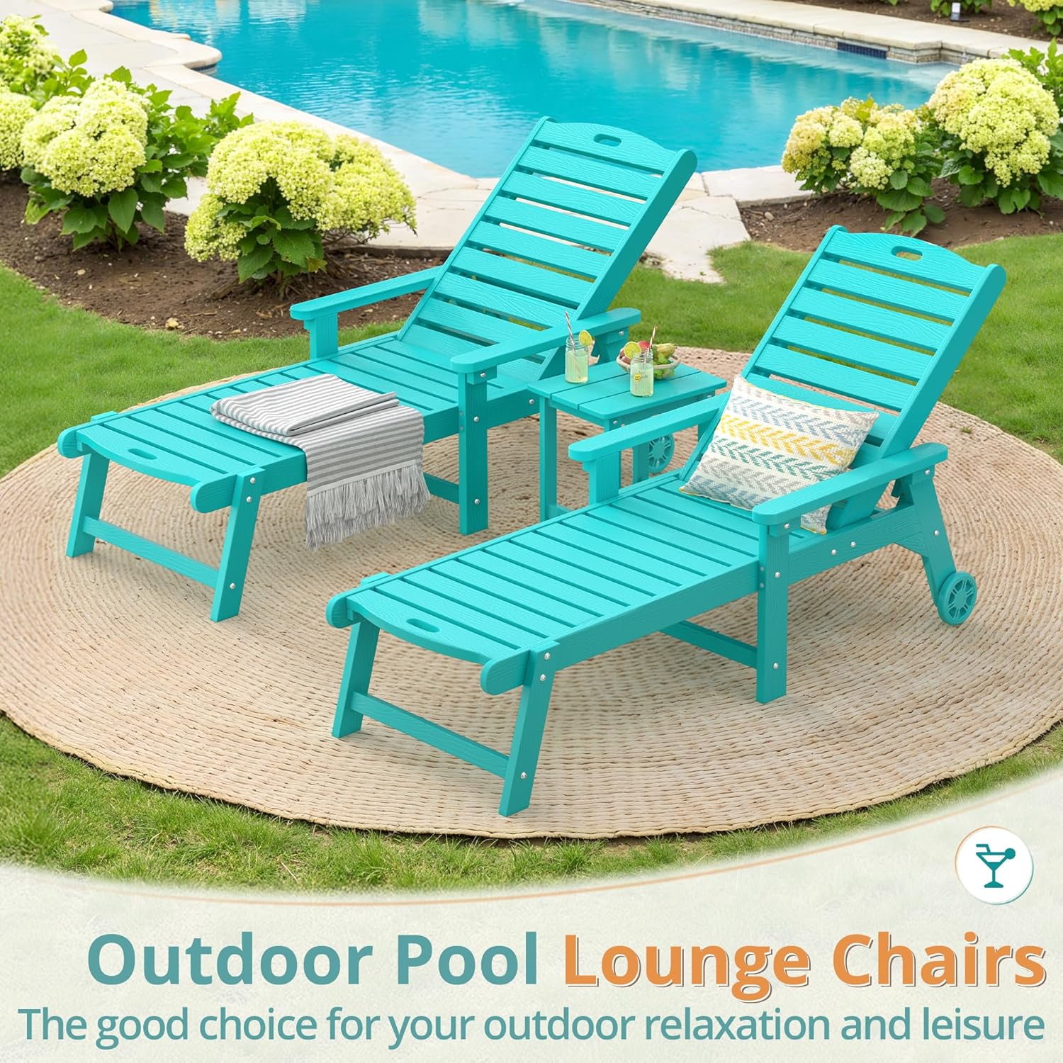 LUE BONA Outdoor Lounge Chair Set with Table, 3-Piece, HDPS Chaise Lounge Outdoor with Wheels, 5 Positions Adjustable Pool Lounger Chairs for Outside, Patio, Aruba Blue