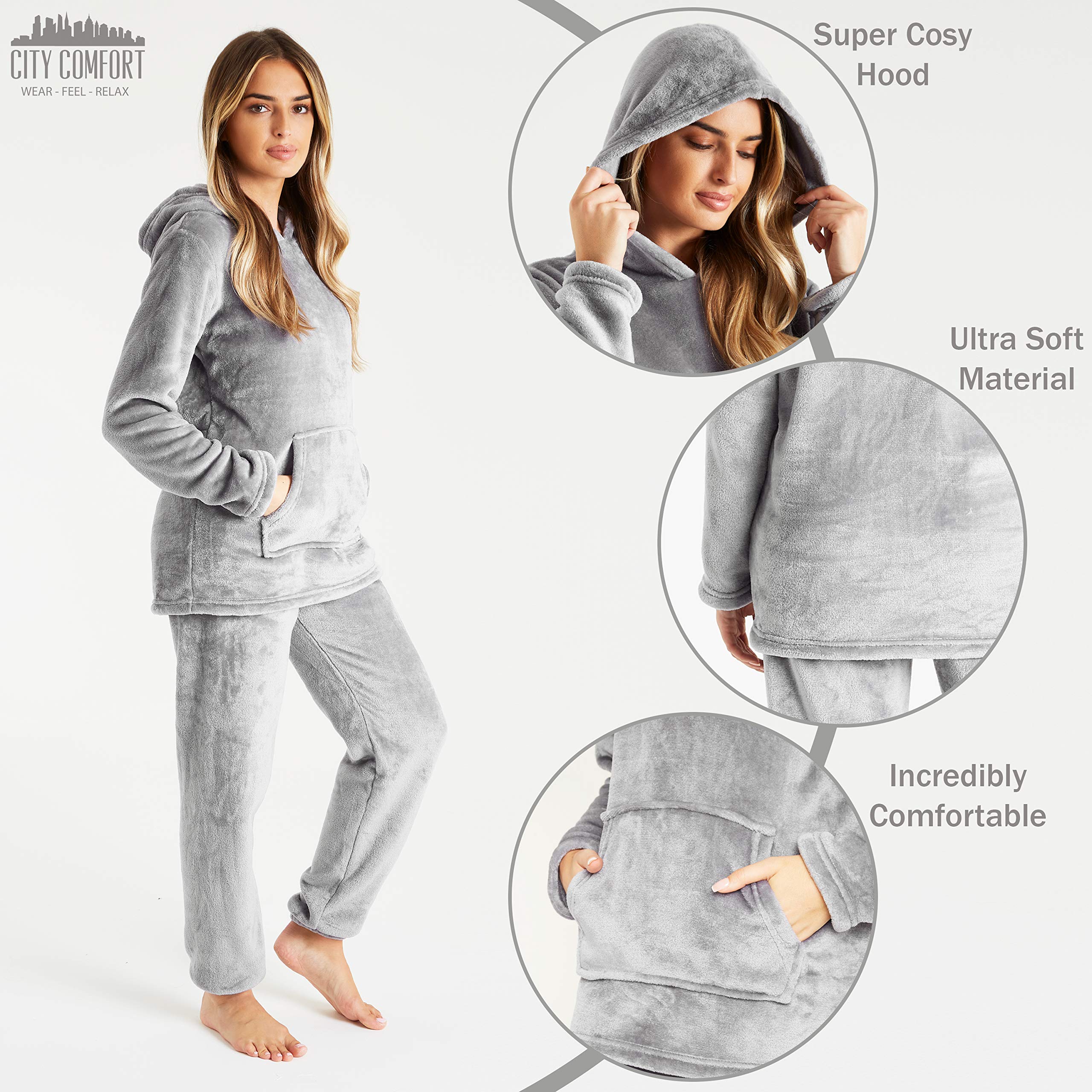 CityComfort Set Pigiama Donna Invernale in Pile, Pigiami con Cappuccio, 2 Pz Abbigliamento da Casa, Regalo Donna Adolescenti