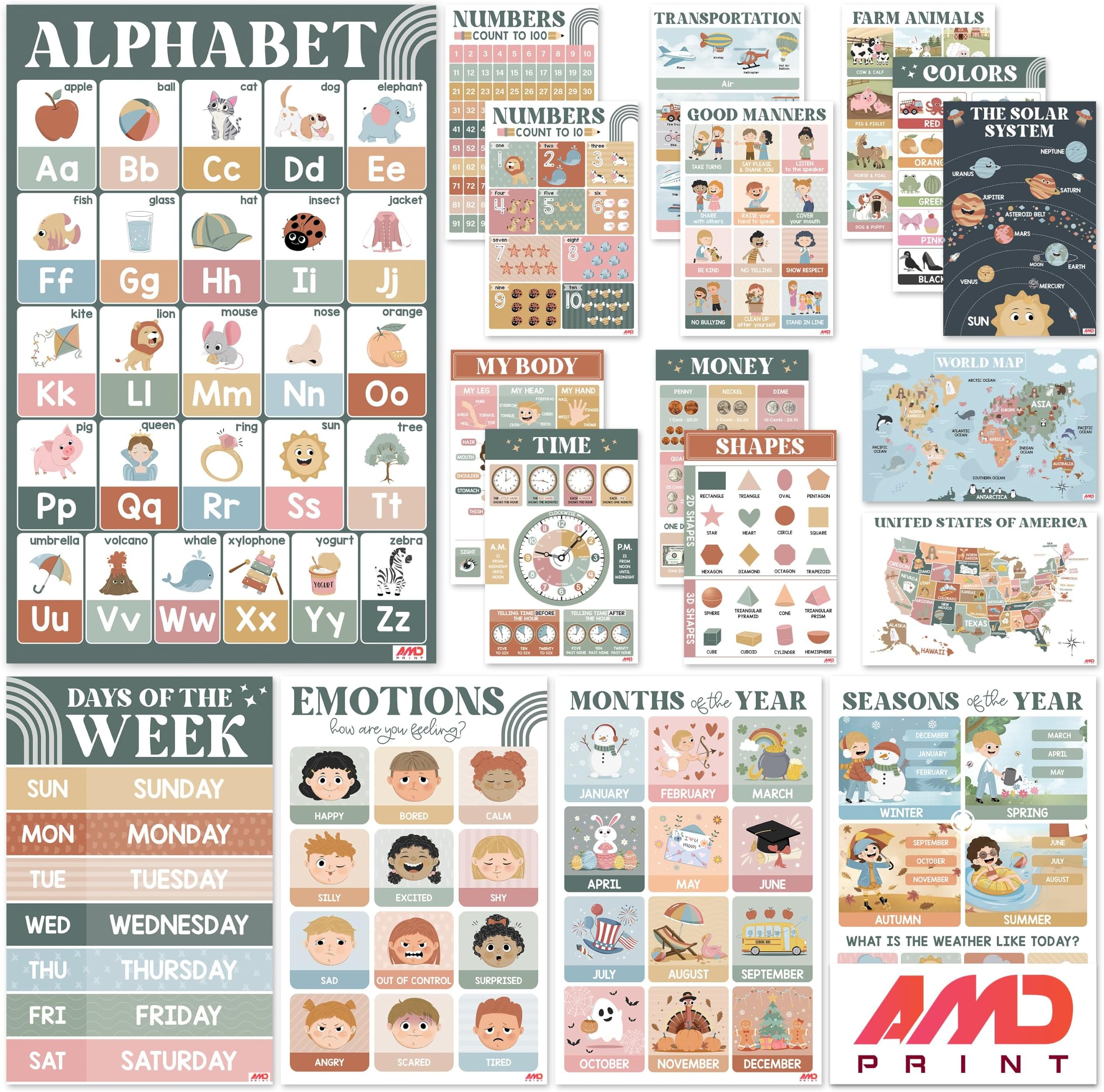 AMD PRINT 18 Modern Boho Educational Posters -Educational Posters for Preschoolers - Laminated Pre-K and Kindergarten Learning Poster Charts for Toddlers 1-3-5