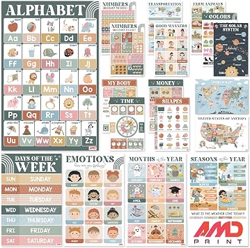 AMD PRINT Educational Posters for Preschool, Pack 18 Modern Boho Charts | Classroom Must Haves, Homeschool Essentials, Laminated Pre-K & Kindergarten Learning for Toddlers 1-3-5 Activities