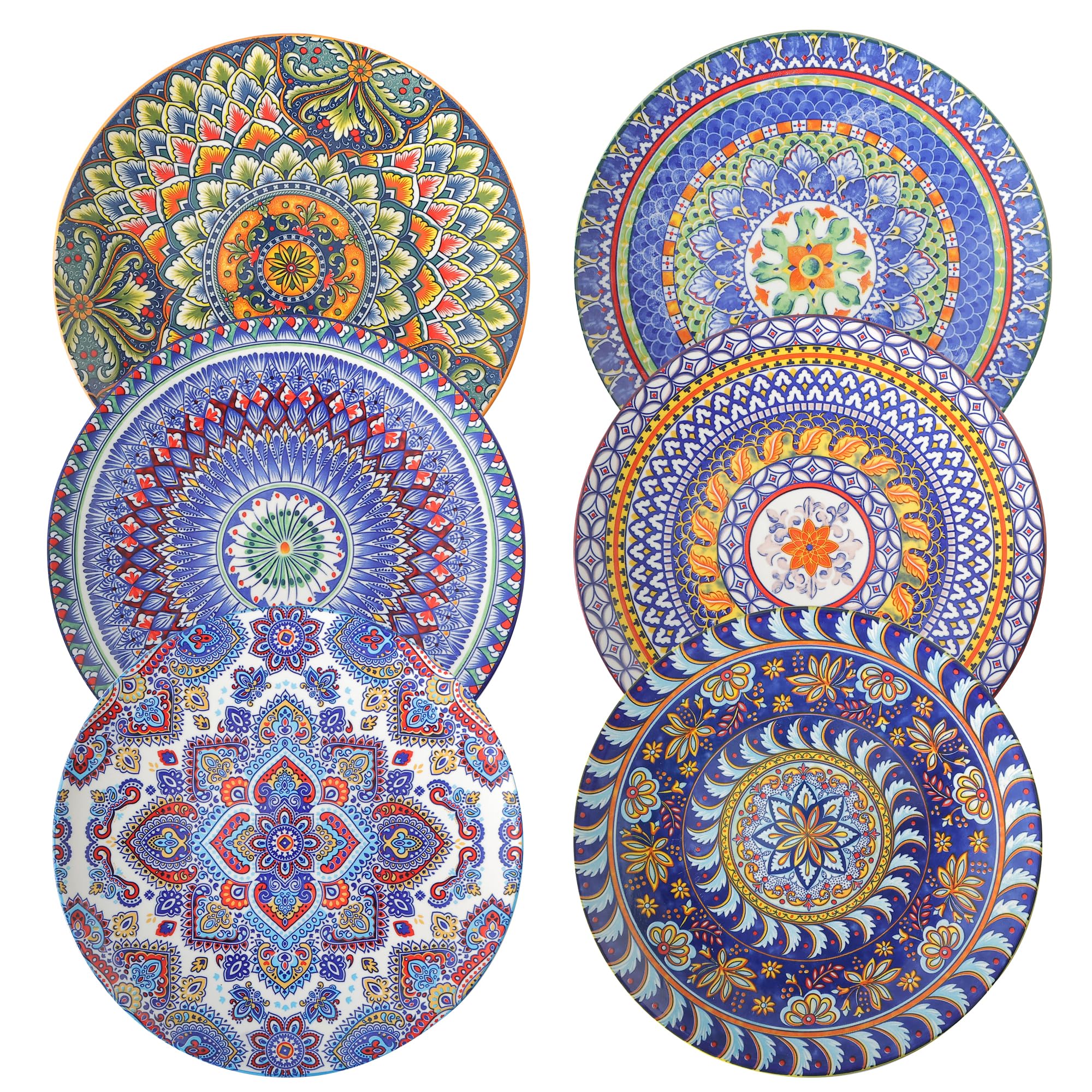 Juego de 6 platos de cocina de porcelana bohemia de 10.5 pulgadas, platos grandes de cerámica para servir platos para cocina y fiesta, aptos para microondas, horno, lavavajillas