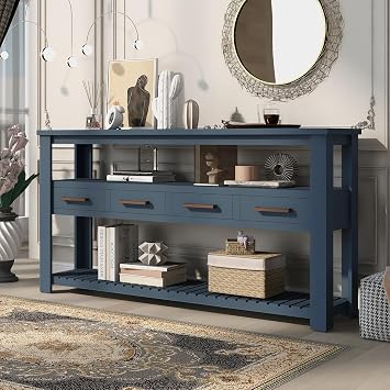 LUMISOL Console Table with 4 Drawers and Storage Shelves, 3-Tier Sofa Table for Living Room Foyer, Navy Blue