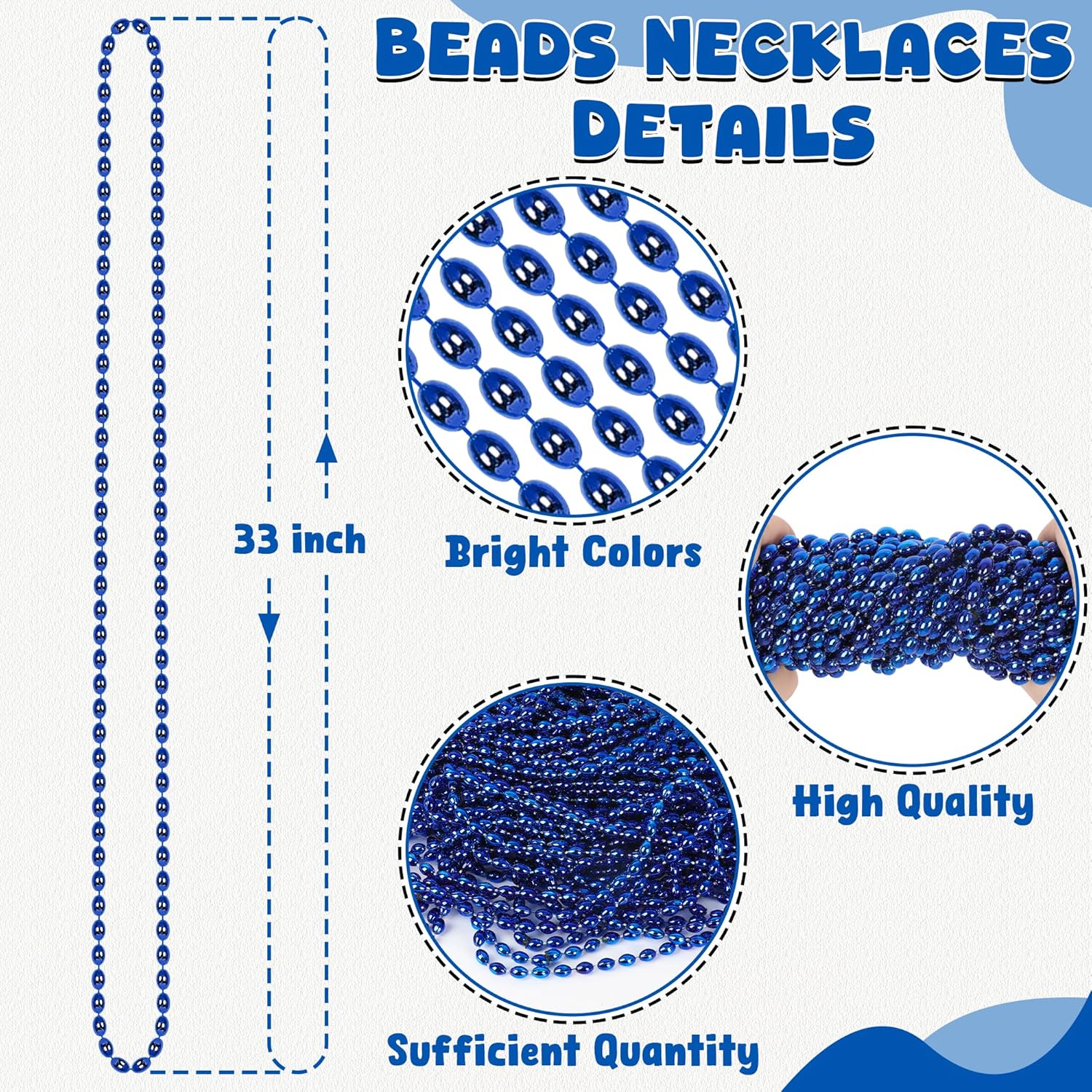 120Pcs Blue Mardi Gras Beads Necklace, 33 Inch Oval Beaded Necklace Accessories, Beaded Costume for Women Man Blue Party Decorations Oktoberfest Decor Birthday Wedding Supplies - Image 2