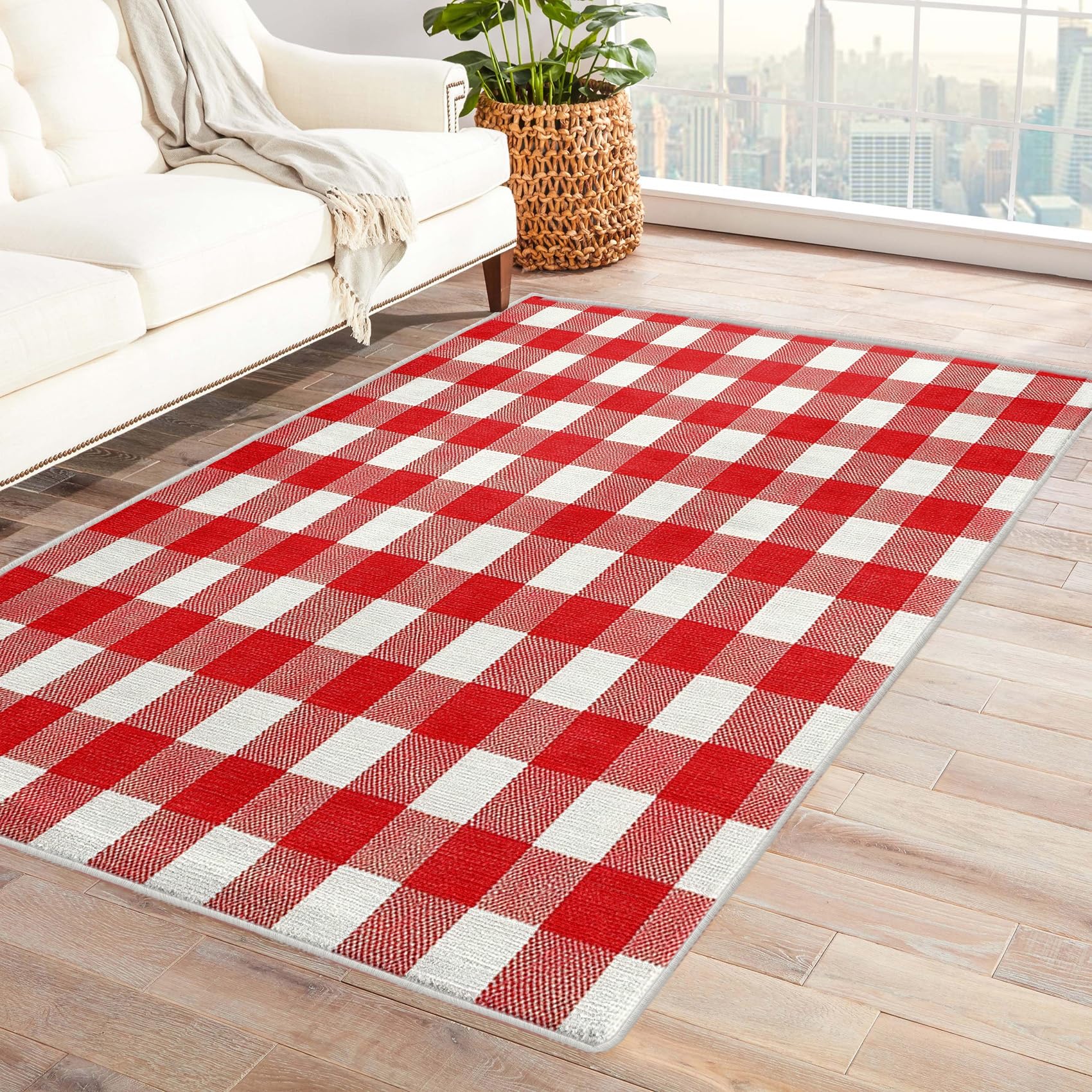 GEDAEUBA Gingham Rug & Home Decor - Washable Rug 5x6 - Red and White Buffalo Check Rugs for Living Room Bedroom - Non Slip Soft Indoor Large Area Rug