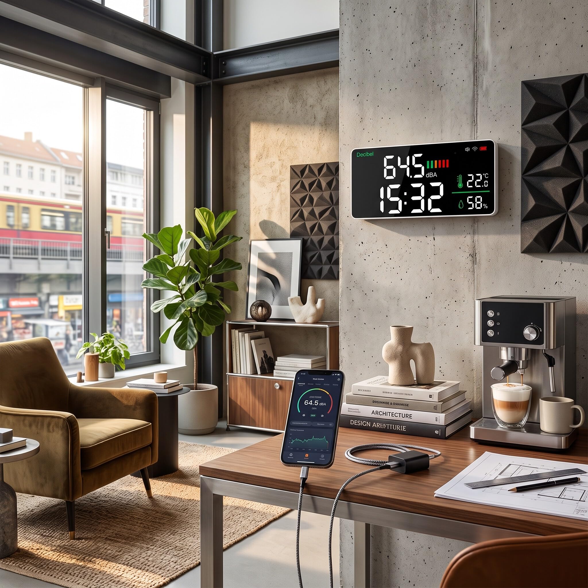 Greensen LED Decibel Meter WiFi Wandmontage 11 Zoll LED -Temperaturfeuchtigkeitszeit Anzeige Schallmesser für - 4 in 1 für den Gebrauch von Heim und Büro