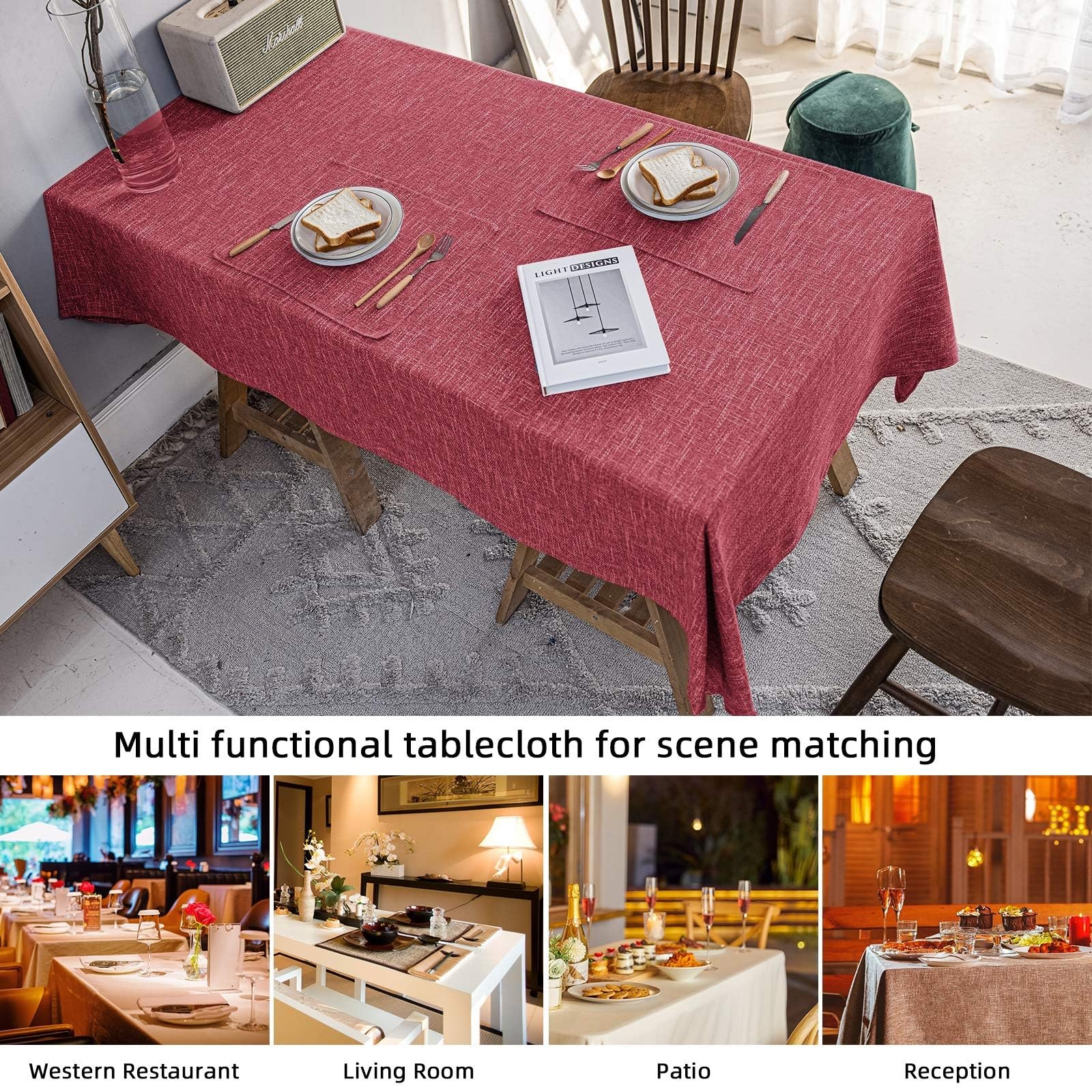 Nappe en Coton Et Lin Rouge, Nappe Rectangulaire De Style Rustique, Tissu ImperméAble Et RéSistant à l'abrasion, Lavable en Machine(150x240cm)