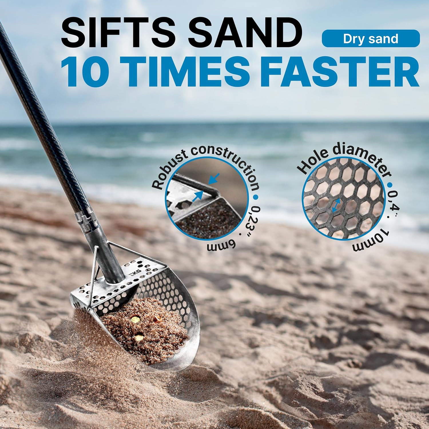 CKG Sand Scoop for Metal Detecting Heavy Duty Sand Sifter Scoop Stainless Steel 304, Metal Detector Scoop Shovel for Treasure Hunting Beach & Metal Detector Accessories, 9x6