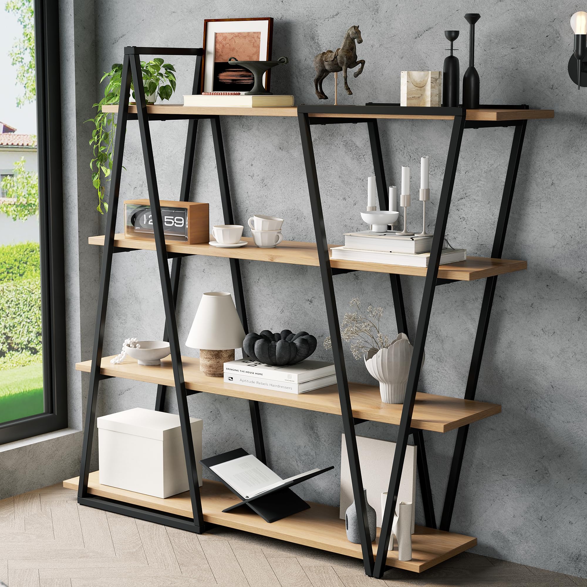158×35×166 cm Geometrisches Stehregal – Bücherregal/Offenes Metallregal mit 25 mm Verdickt MDF-Holzböden, Dreiecksdesign, für Wohnzimmer, Küche & Arbeitszimmer,Regal - Bücherregal