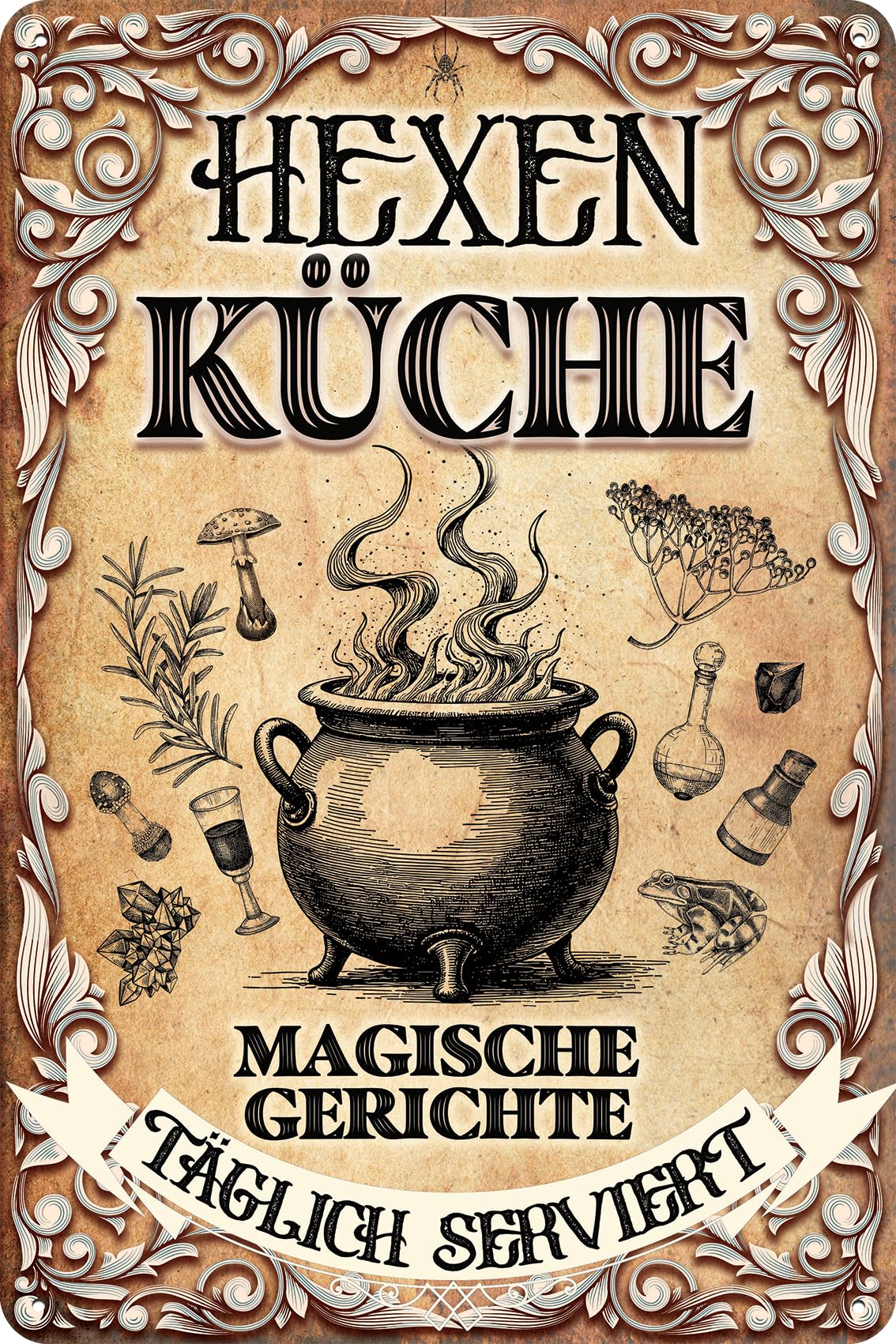 Retro Blechschild für Hexen Fans, HEXENKÜCHE – MAGISCHE Gerichte, täglich serviert Lustiger Spruch! Deko Schild, 20 x 30 cm (Kochtopf)