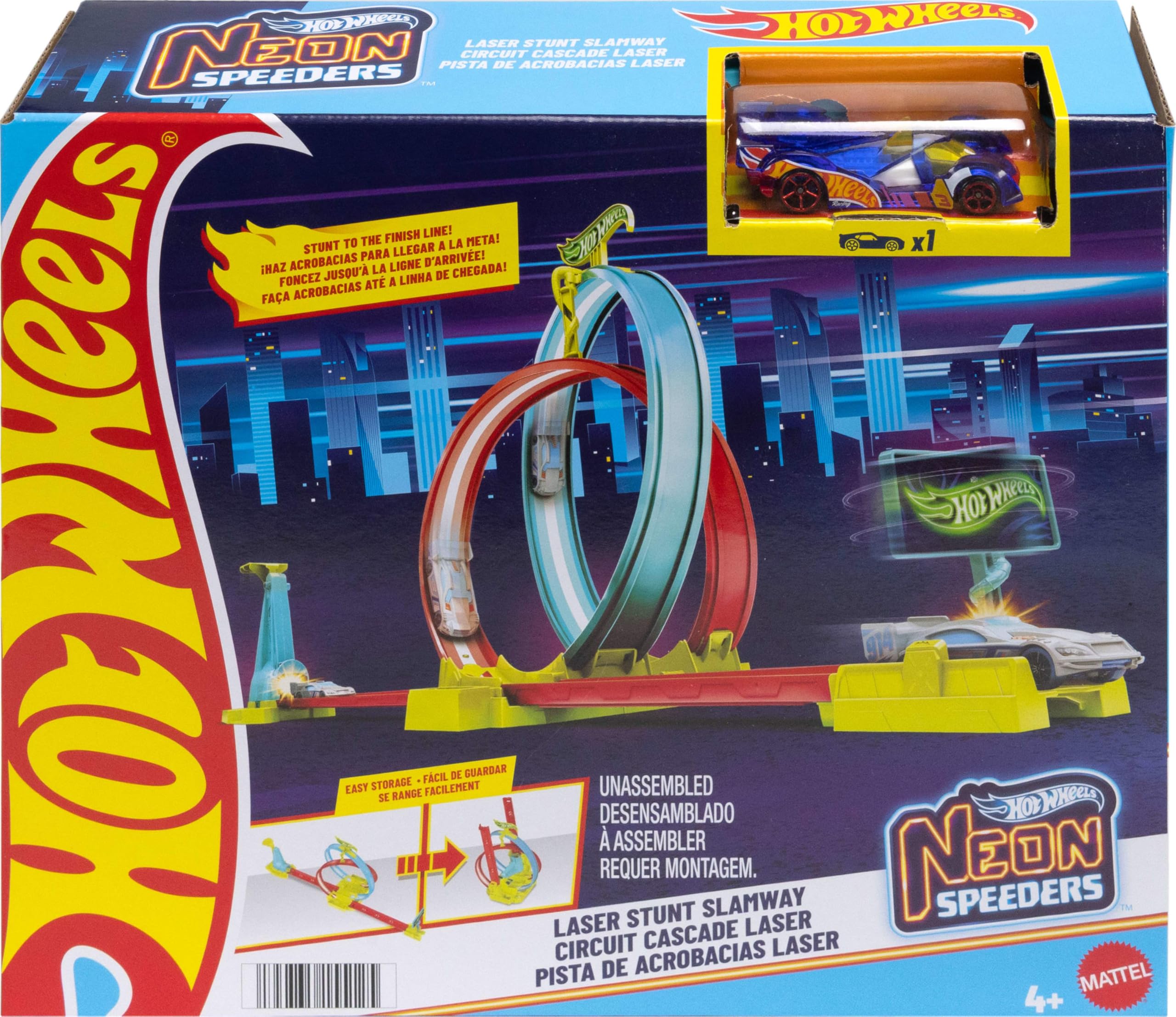Hot Wheels Neon Speeders Track Set, Laser Stunt Slamway with 1 Hot