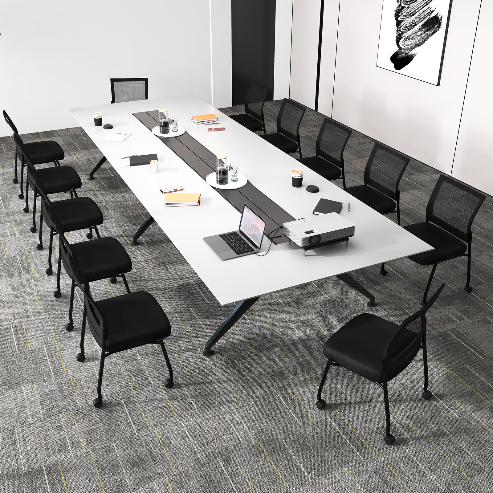 HOMASIS Set di 2 Sedie da Conferenza con Ruote, Sedia per Sala d’Attesa Impilabile, Sedia da Ufficio Ergonomica con Schienale in Rete per Ufficio, Riunioni, Nero (senza Braccioli)