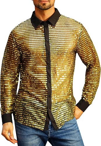 FYMNSI Men's 70s 80s Disco Shirt Retro Mesh Sparkle Sequin Semi See Through Glit