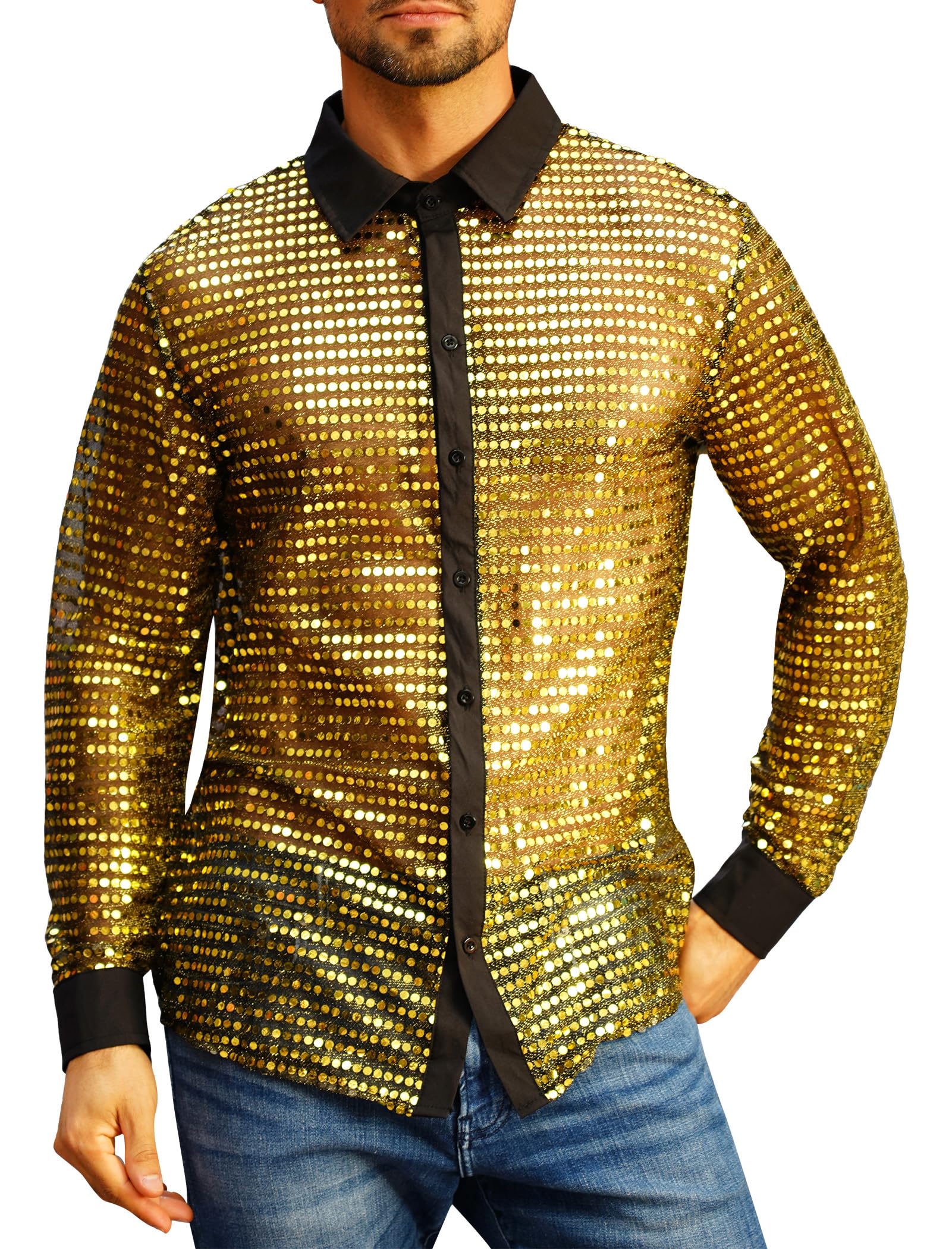 FYMNSI Mens Sparkly Sequin Button Down Shirts Long Sleeve Semi See Through 70s Disco Outfit Glitters Party Rave Tops Clubwear