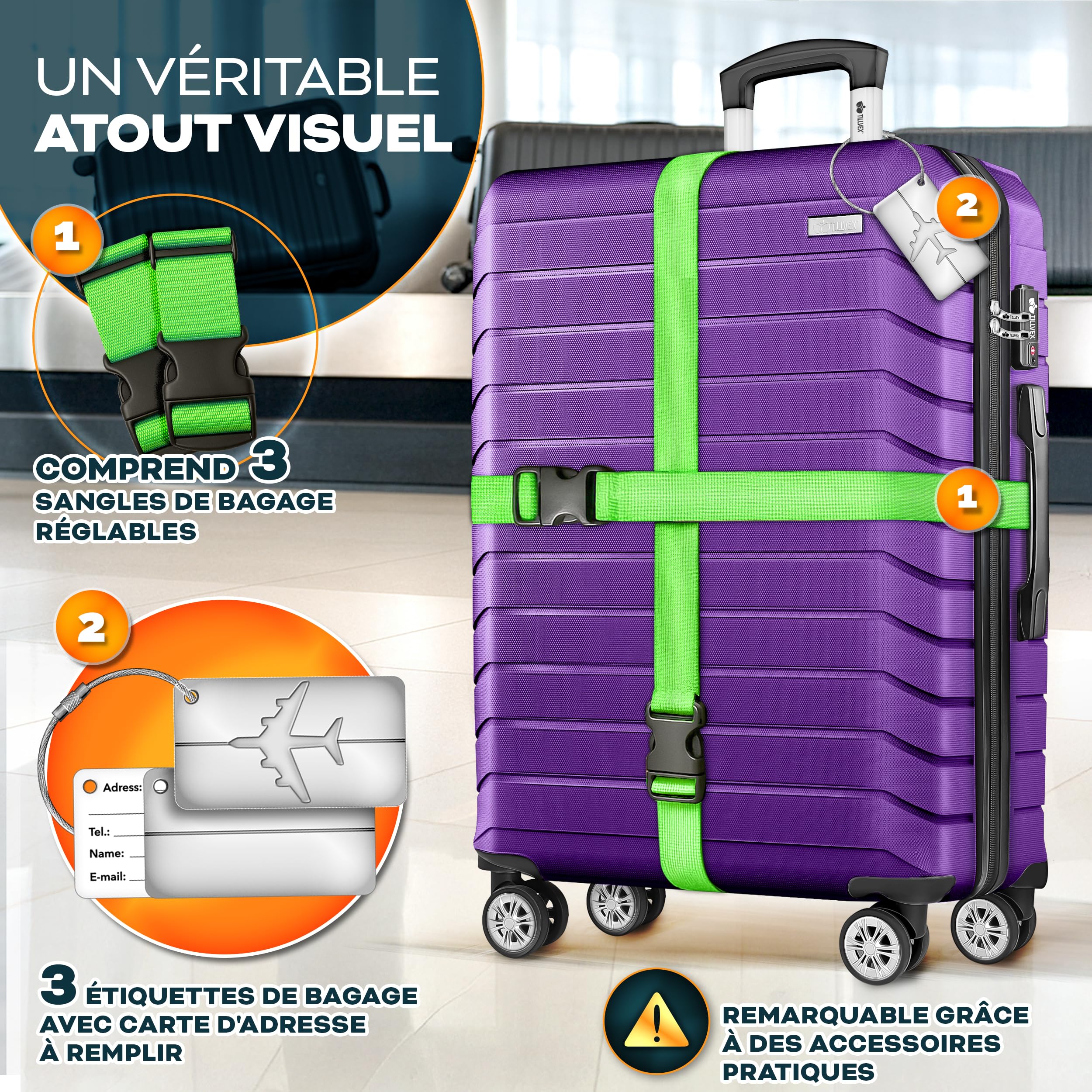 tillvex® Set de 3 Valises de Voyage + Balance, 3 Sangles à Bagages et 3 étiquettes à Bagages | Lot de valises avec roulettes et TSA Lock | Sacs de Voyage à Coque Rigide M-L-XL (Violet)
