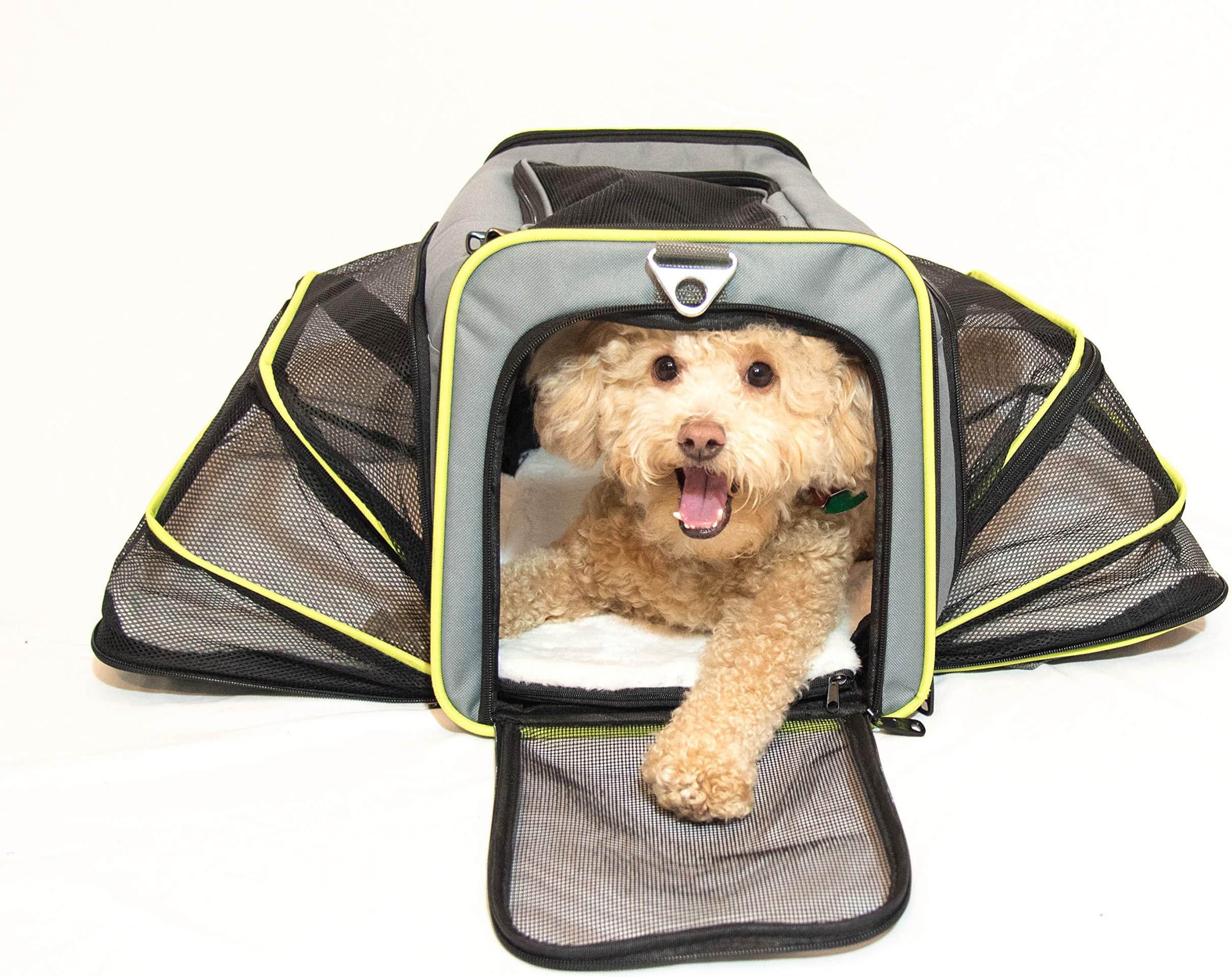 Premium Small Pet Carrier for Puppies, Small Dogs & Cats – All Airlines Approved - Expandable Walls, Top and Side Exits, Sherpa Soft Removable Bed, Foldable, Durable + Dog Bowl (Gray)