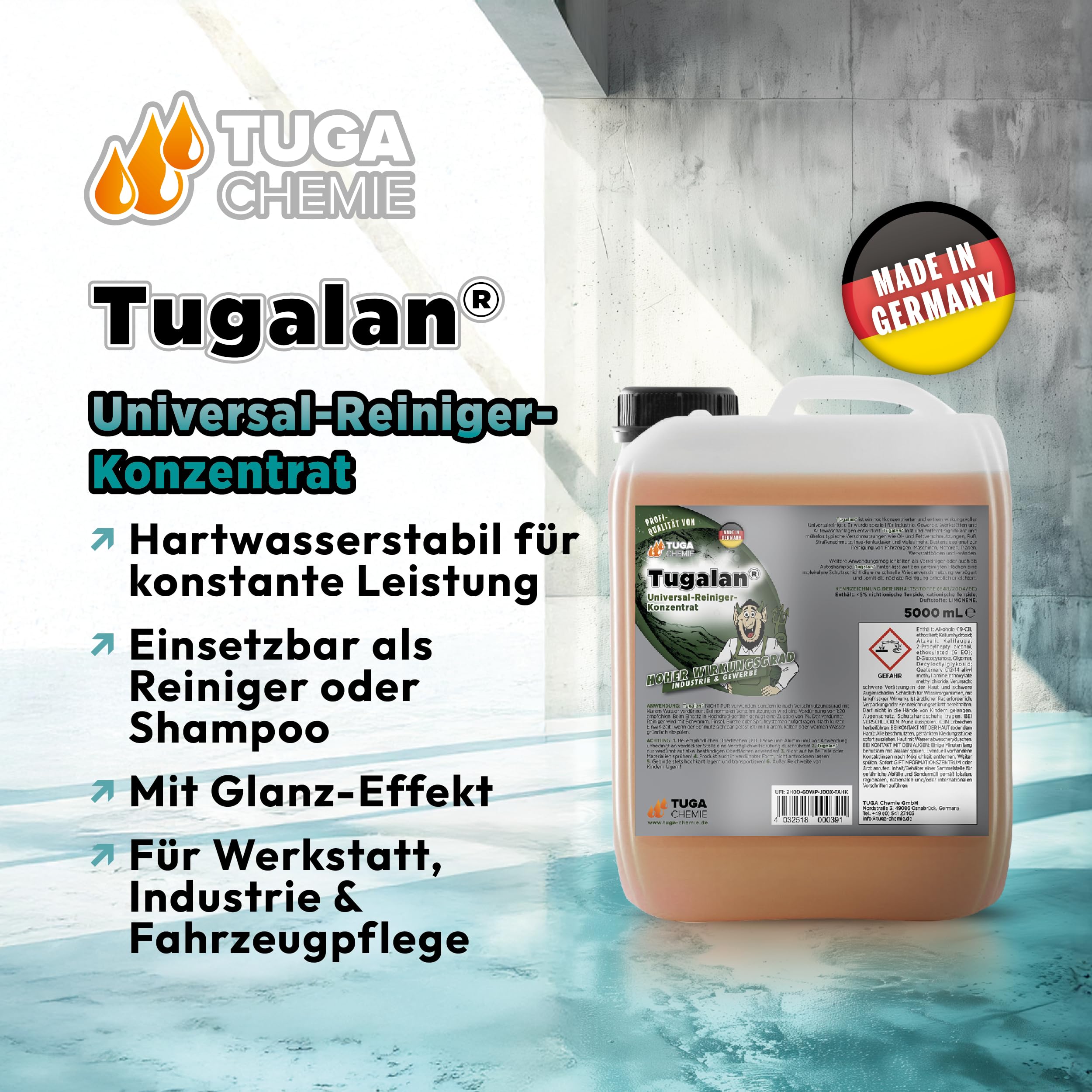Tuga Chemie Tugalan Werkstattreiniger Konzentrat, 5 L Kanister, kraftvoll | Industrie- & Werkstattreiniger gegen Öl, Fett & Schmutz, Hochkonzentriert, Vielseitig Einsetzbar, Made in Germany
