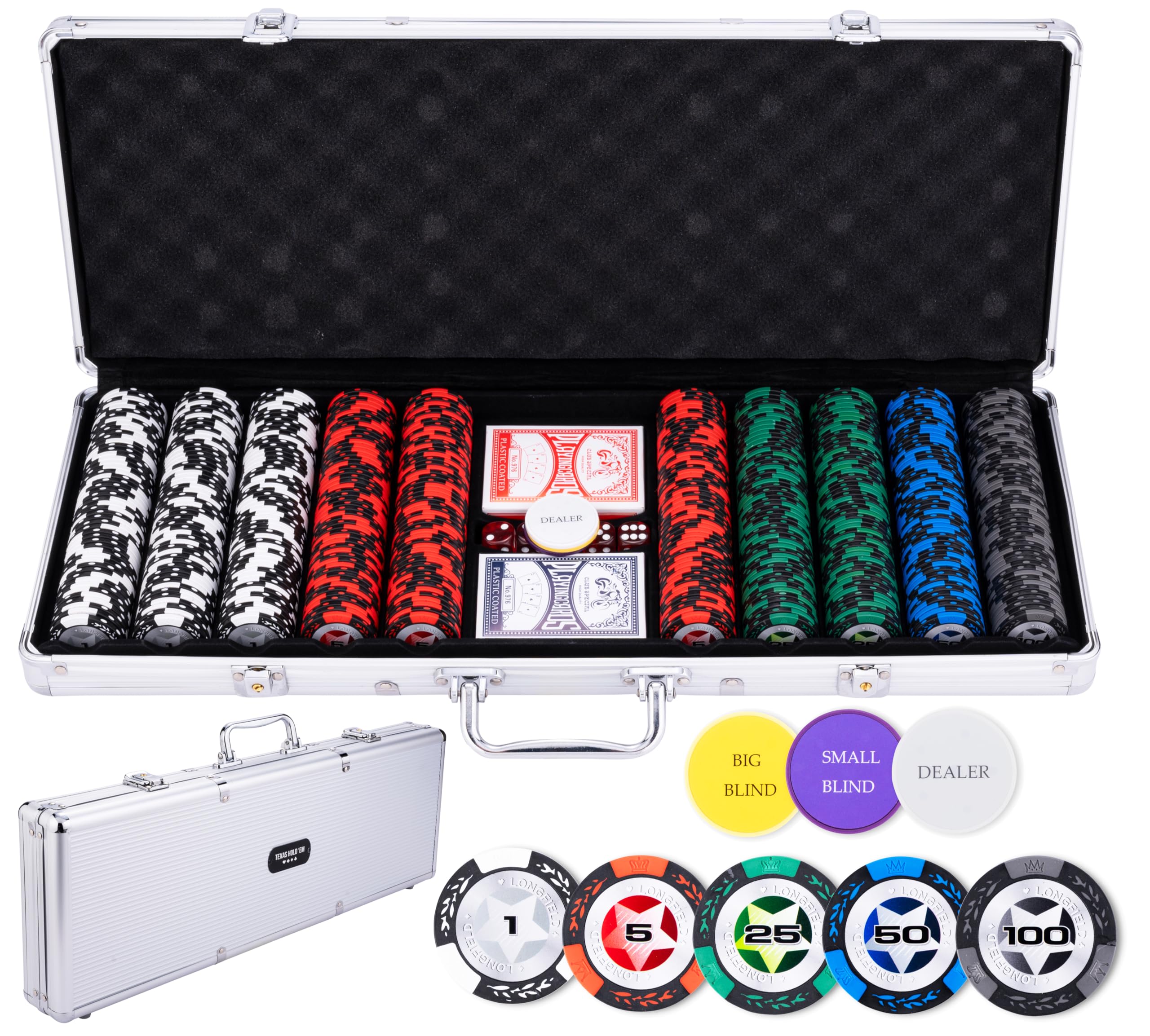 Engelhart - 320920 - Poker Set - Silver Metal Case - 500 Chips 14g Small Bets (1 to 100) + 2 Decks of Cards, 3 Dealer Buttons, 5 Dice