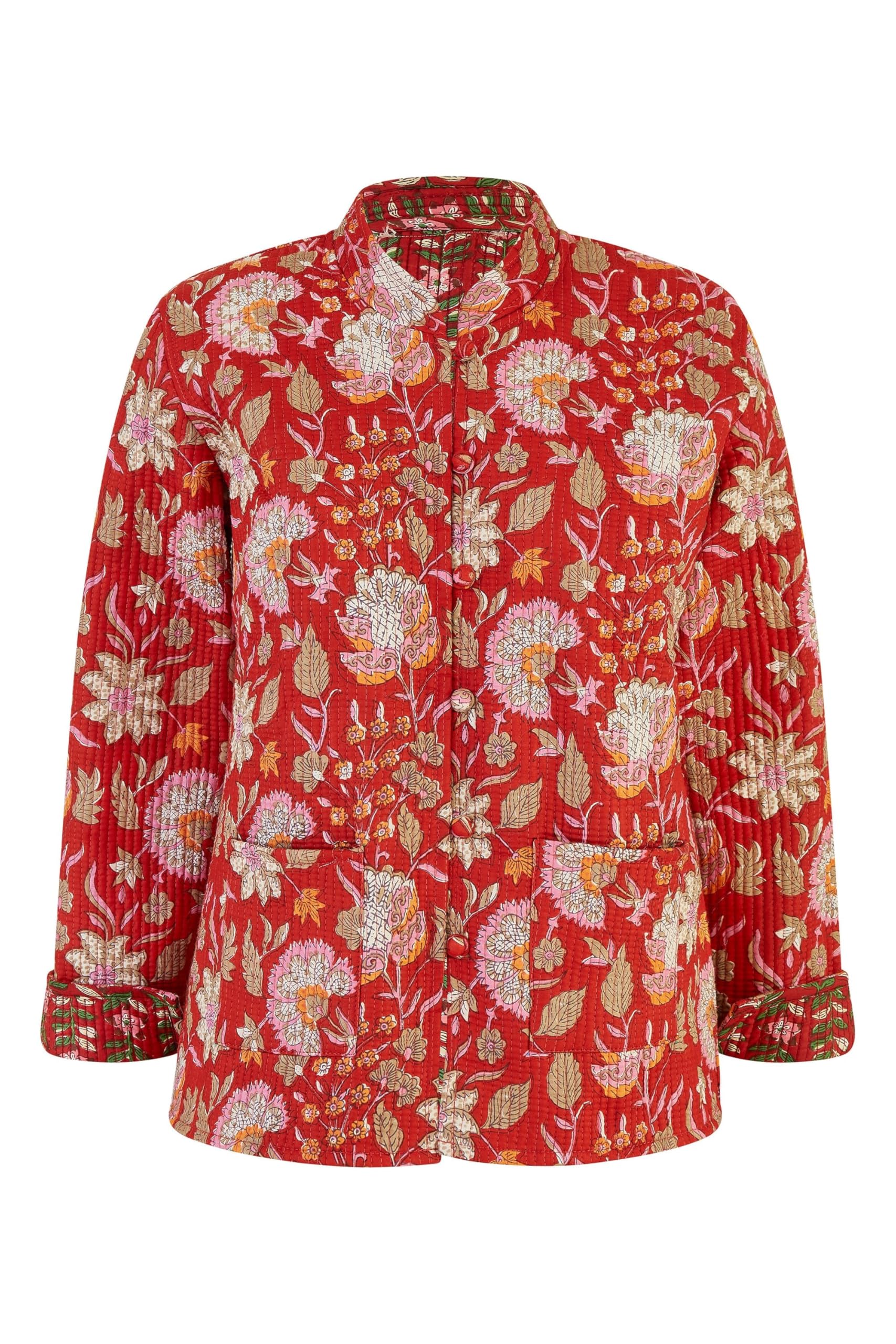 Yumi Red Floral Print Reversible Cotton Quilted Jacket 12 Red