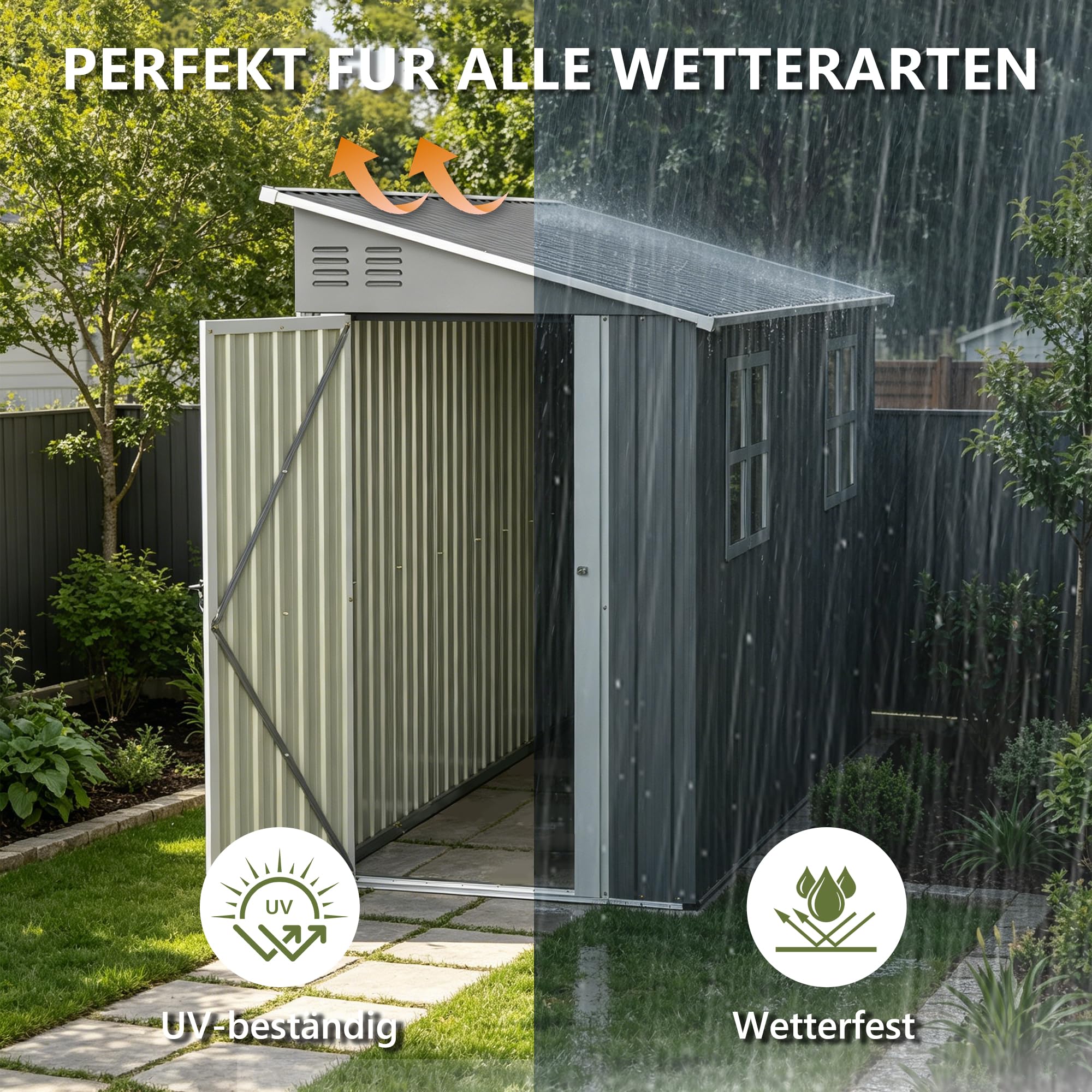 Stabiles Metall Gartenhaus – 1,2x3 m Geräteschuppen mit Stahlrahmen, wetterfest & sicher, Grau (Grey, 291x110.8x188.6 cm)