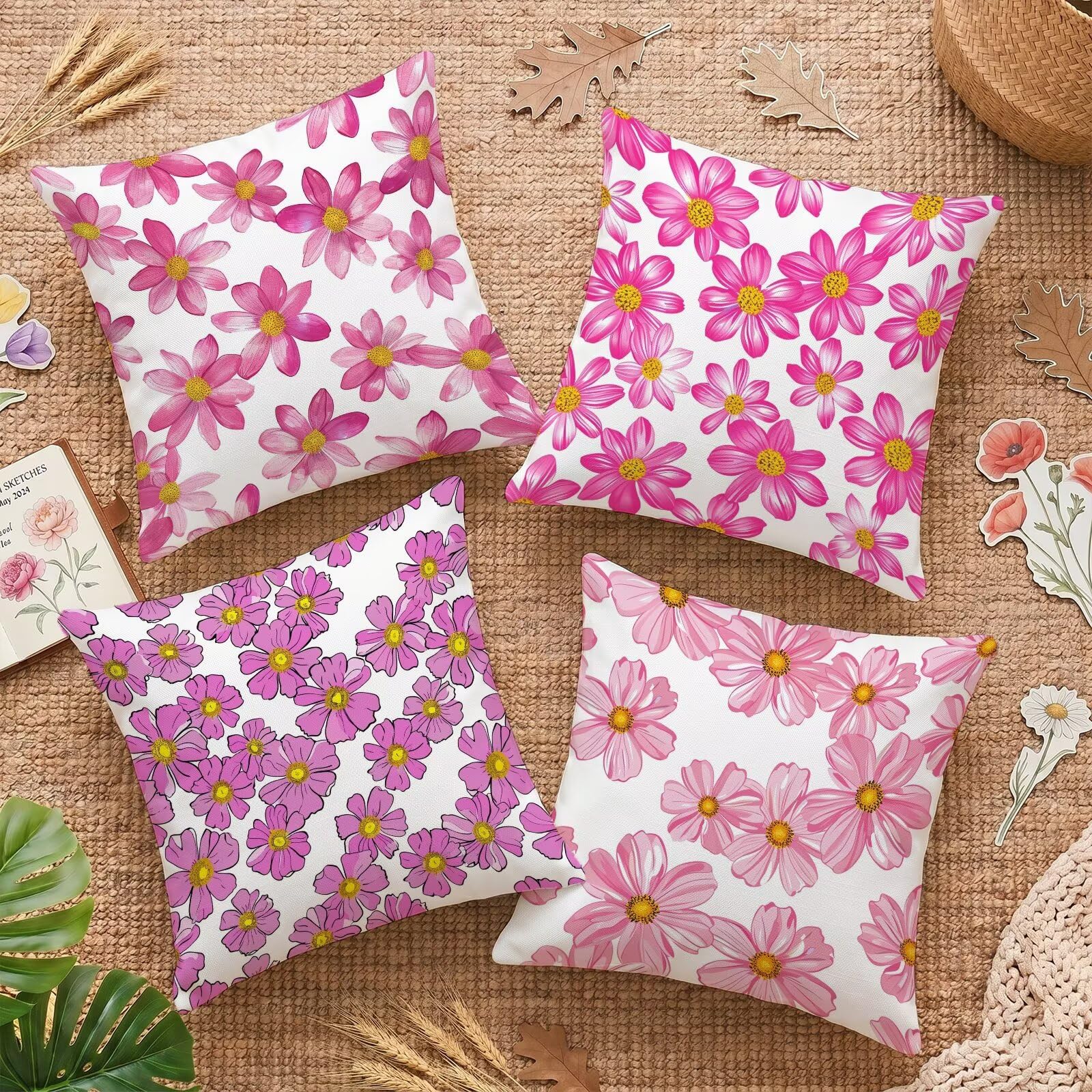 Housses de coussin 65x65cm rose fleur en velours imperméable salon de jardin