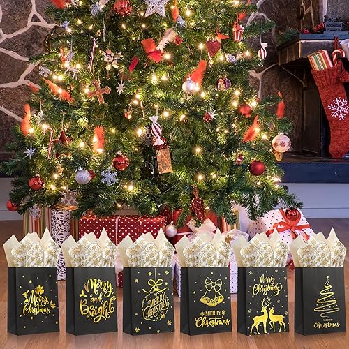 Miniatura 5 de Bolsas de regalo de Navidad, 24 unidades, bolsas de Navidad a granel para regalos con papel de seda de copo de nieve, 6 estilos de papel de aluminio