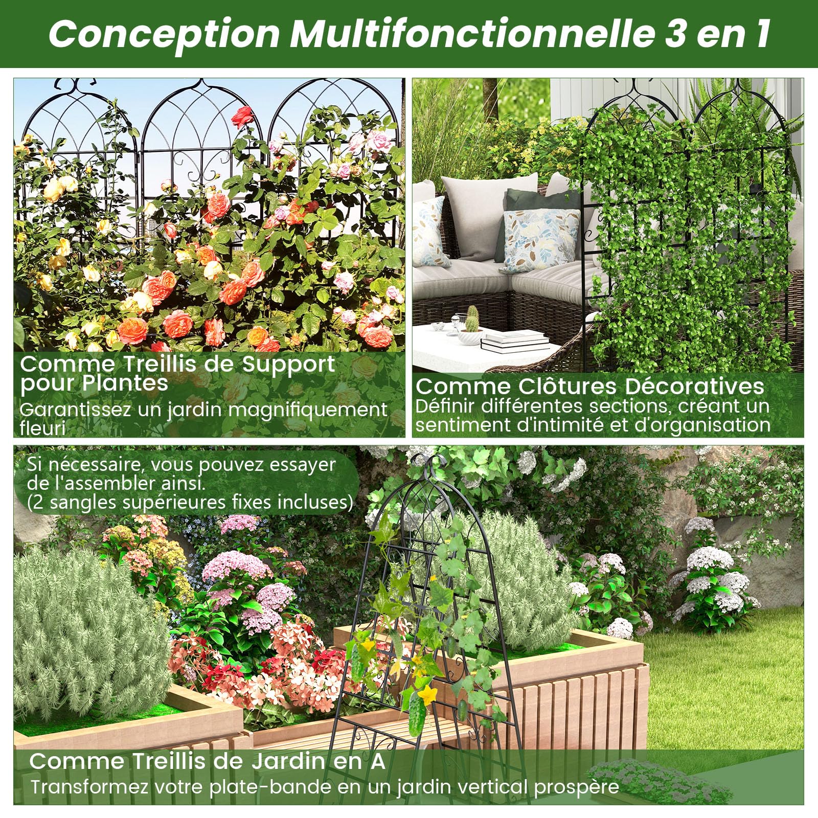 GOPLUS Lot de 2/4 Treillis Jardin pour Plantes Grimpantes, 1,8M/2,2M en Métal Galvanisé, Treillis Décoratif pour Légumes, Fleurs, Vignes (Arc Noir|50x180CM,2)