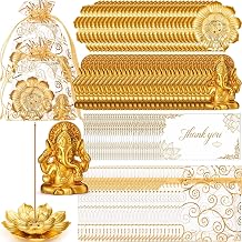 AceOrbit 30 Sets Indian Return Gifts for Pooja Bulk Diwali Gifts Bulk Gold Lotus Incense Sticks Holder with Mini Golden Ganesha Ornament Organza Bags &amp; Thank You Cards Indian Return Gift