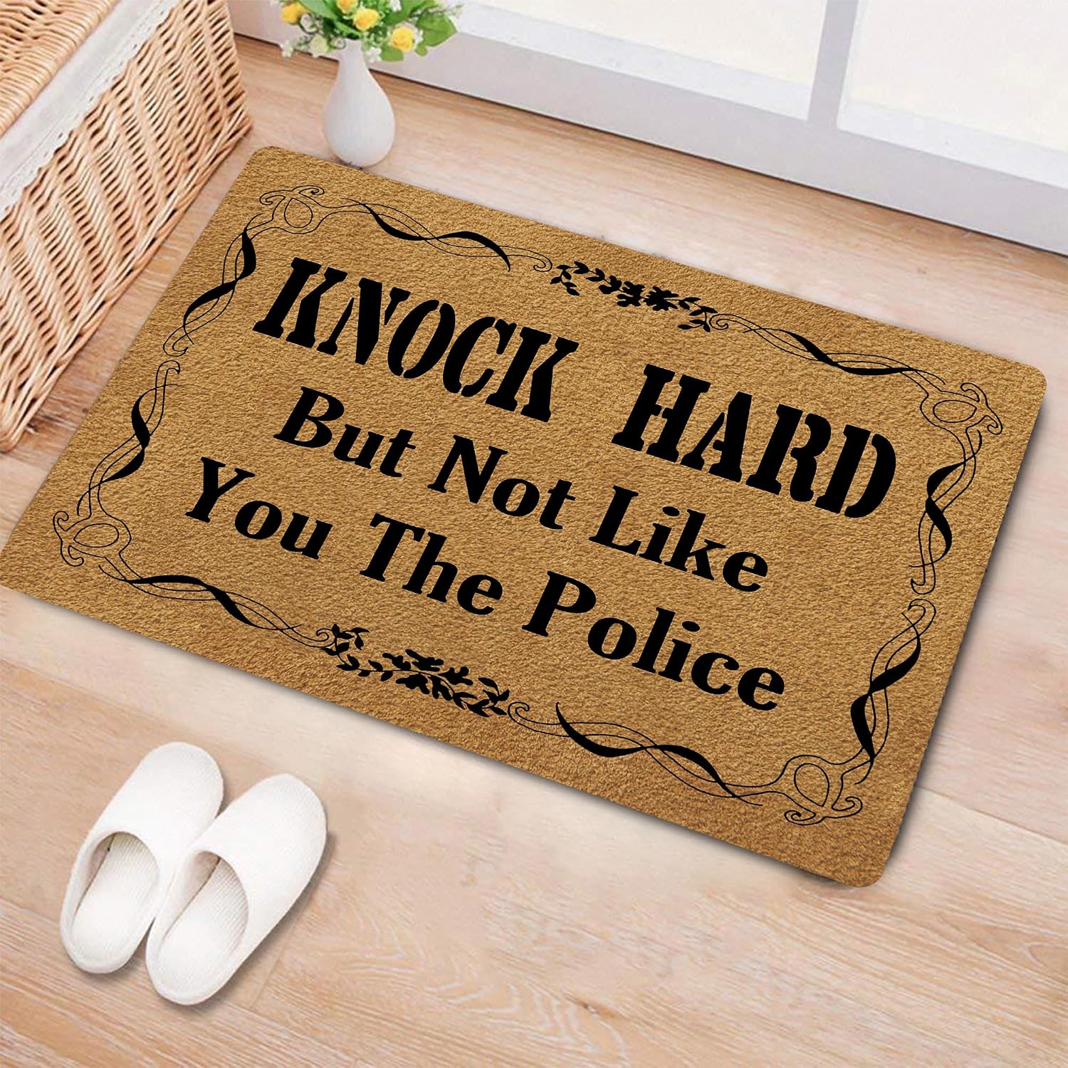 FunXiLin Funny Welcome Doormat for Home Decor (29.5 x17.7 inch) Gift Mat with Anti-Slip Rubber Back Funny Rugs Personalized Doormat for Entrance Way (Knock Hard But Not Like You The Police)