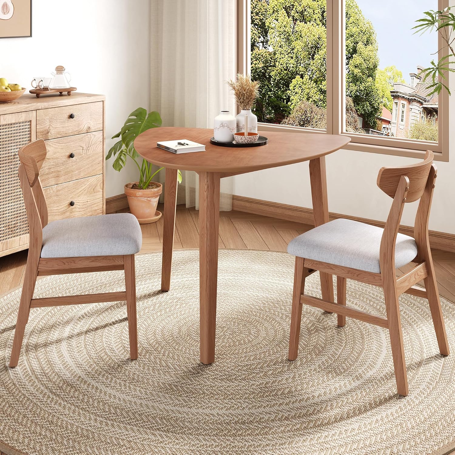 3-Piece Modern Table Set - Triangular Side Table & 2 Curved Wood Chairs, Minimalist Space-Saving Light Brown Finishes for Living Room, Kitchen, Small Space, Easy to Assemble, Light Brown