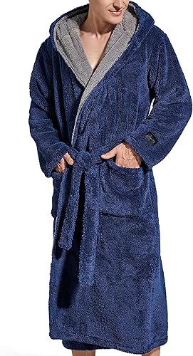 SlumberMee Bata de felpa de forro polar para hombre con capucha, ultra suave, esponjosa, longitud completa, larga con bolsillos, abrigo de casa de