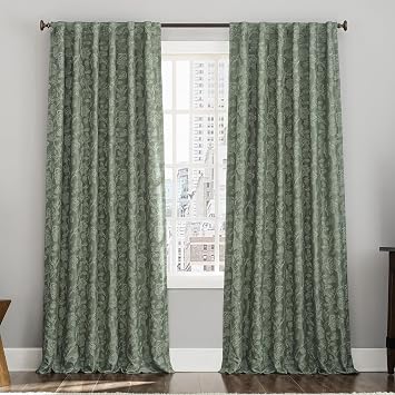 Sun Zero Brookhaven 2-Pack Embroidered Floral Pleated Look 100% Total Blackout Back Tab/Rod Pocket Curtain Panel Pair, Moss Green, 50" W x 96" L 2 Panels