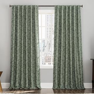 Sun Zero Brookhaven 2-Pack Embroidered Floral Pleated Look 100% Total Blackout Back Tab/Rod Pocket Curtain Panel Pair, Moss Green, 50" W x 96" L (2 Panels)