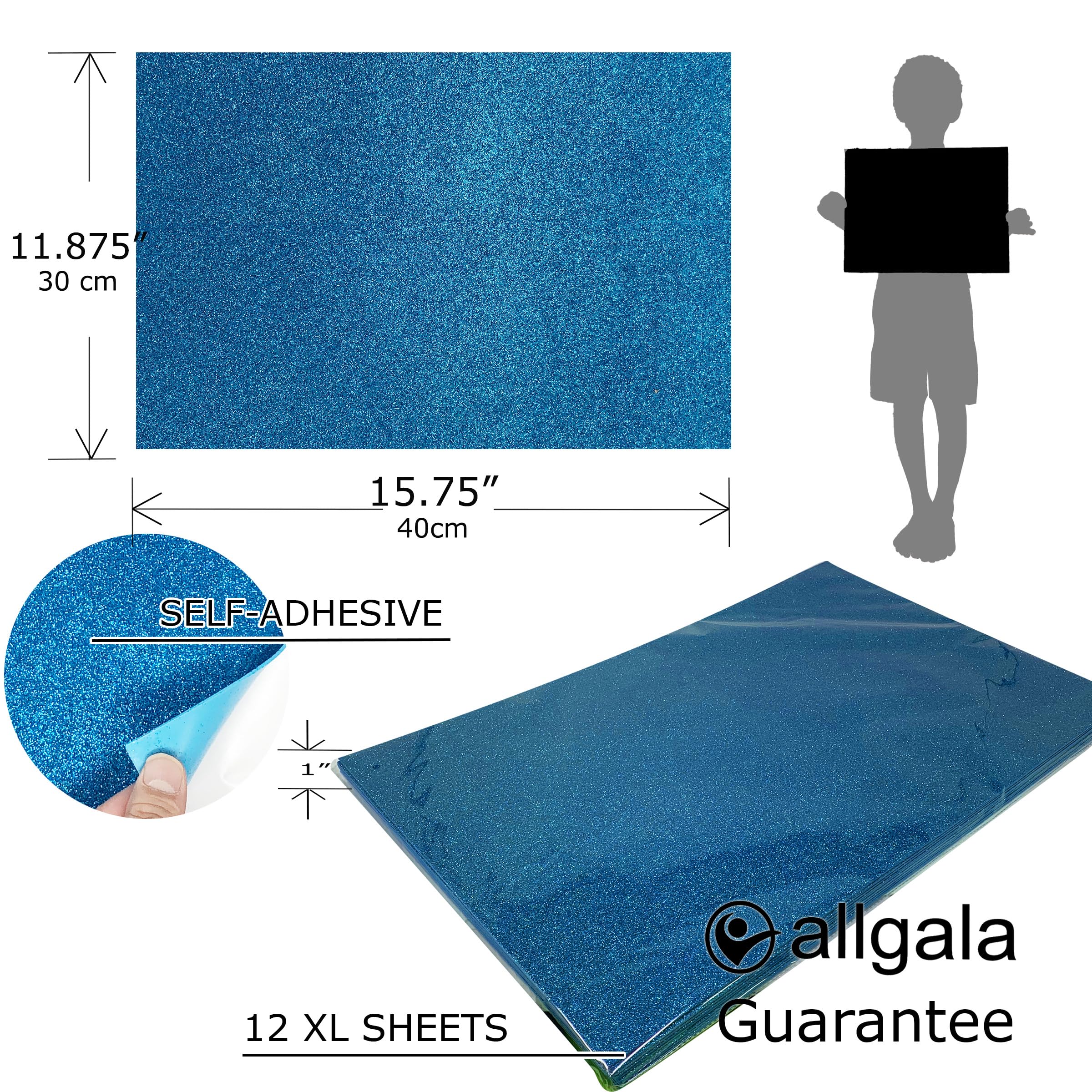 Allgala Paquete de 12 hojas autoadhesivas de espuma EVA con purpurina de 30 x 40 cm, tamaño grande, color azul CF85764