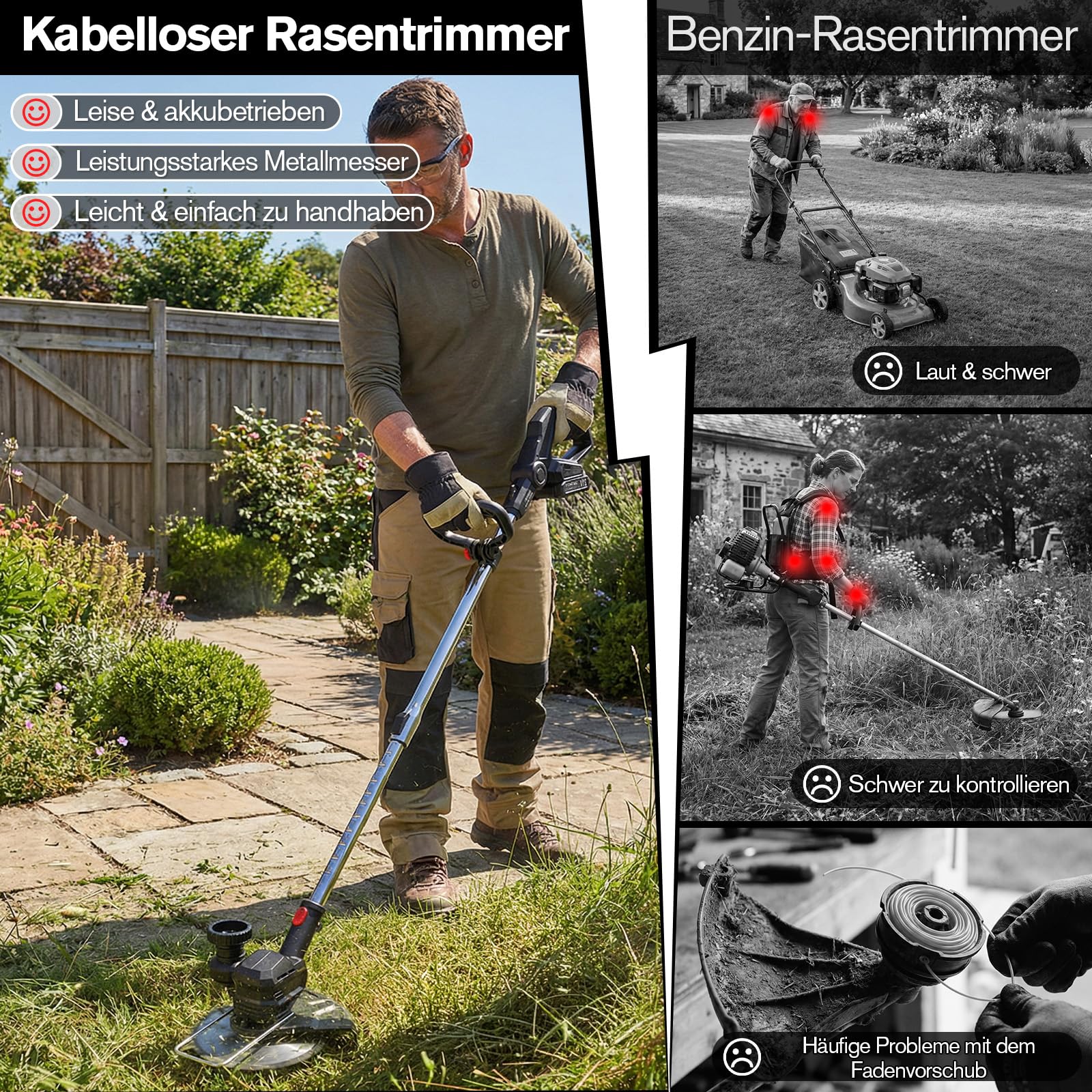 Rasentrimmer mit Akku 21V, 4-in-1 Freischneider & Motorsense 24000 RPM, Rasenkantenschneider inkl. 2X 2.0Ah Batterien, Rädern, 90° drehbarer Kopf & LCD-Anzeige (Profi-Serie)