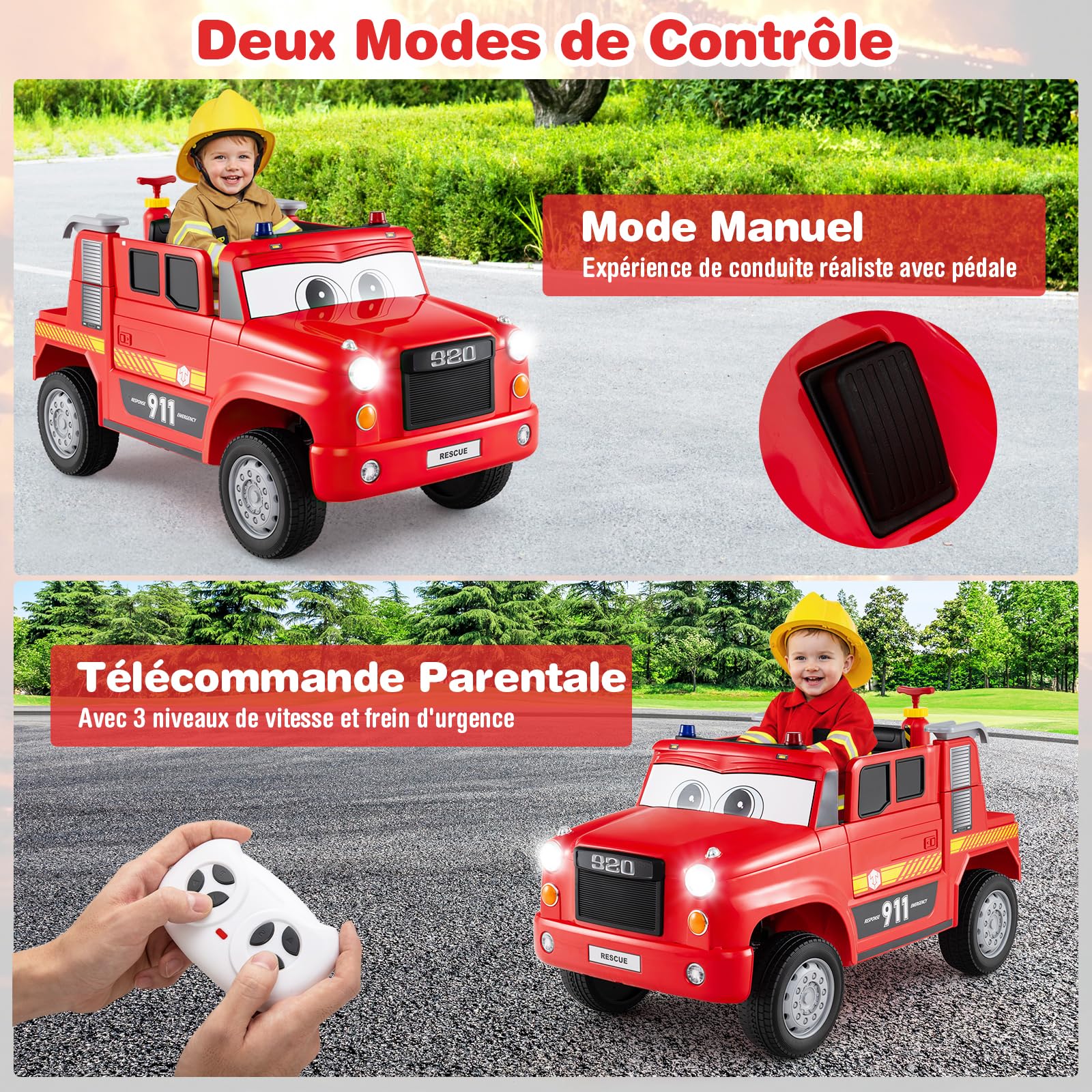 COSTWAY 12V Camion de Pompier Électrique Enfant avec Pistolet à Eau & Télécommande, Voiture Électrique Enfants avec Musique & Alarme & Lumières Clignotantes, Charge 30 kg, 2-5 km/h, 3+ Ans