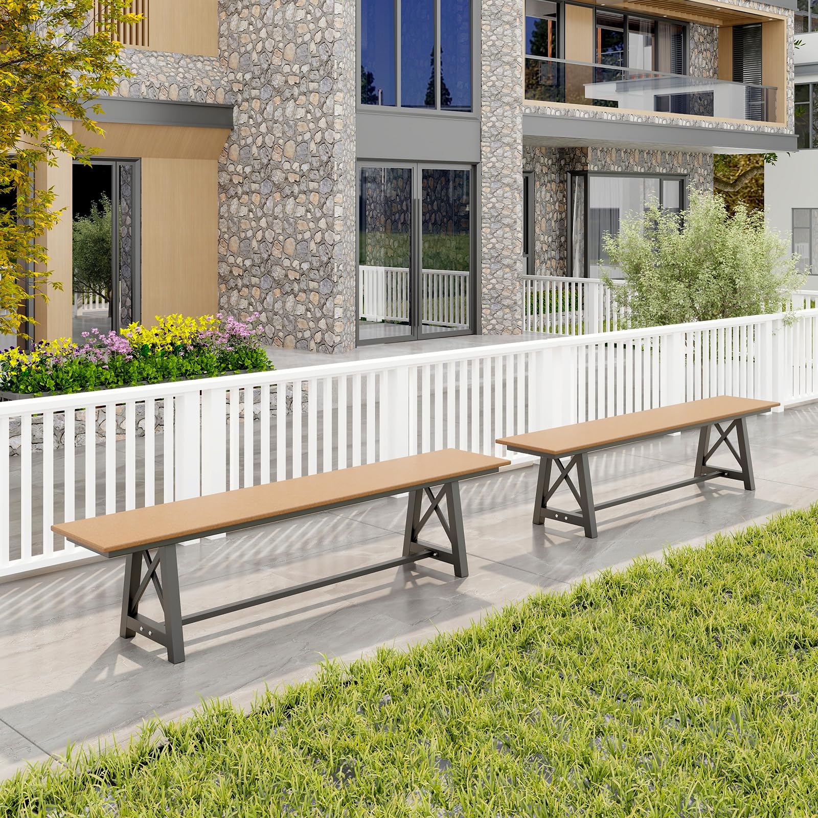 COSTWAY Panchina da Esterno in HDPE, Panca da Giardino Resistente alle Intemperie con Struttura Metallica, Panchina da Giardino, Cortile, Patio e Parco, Capacità di 500 KG