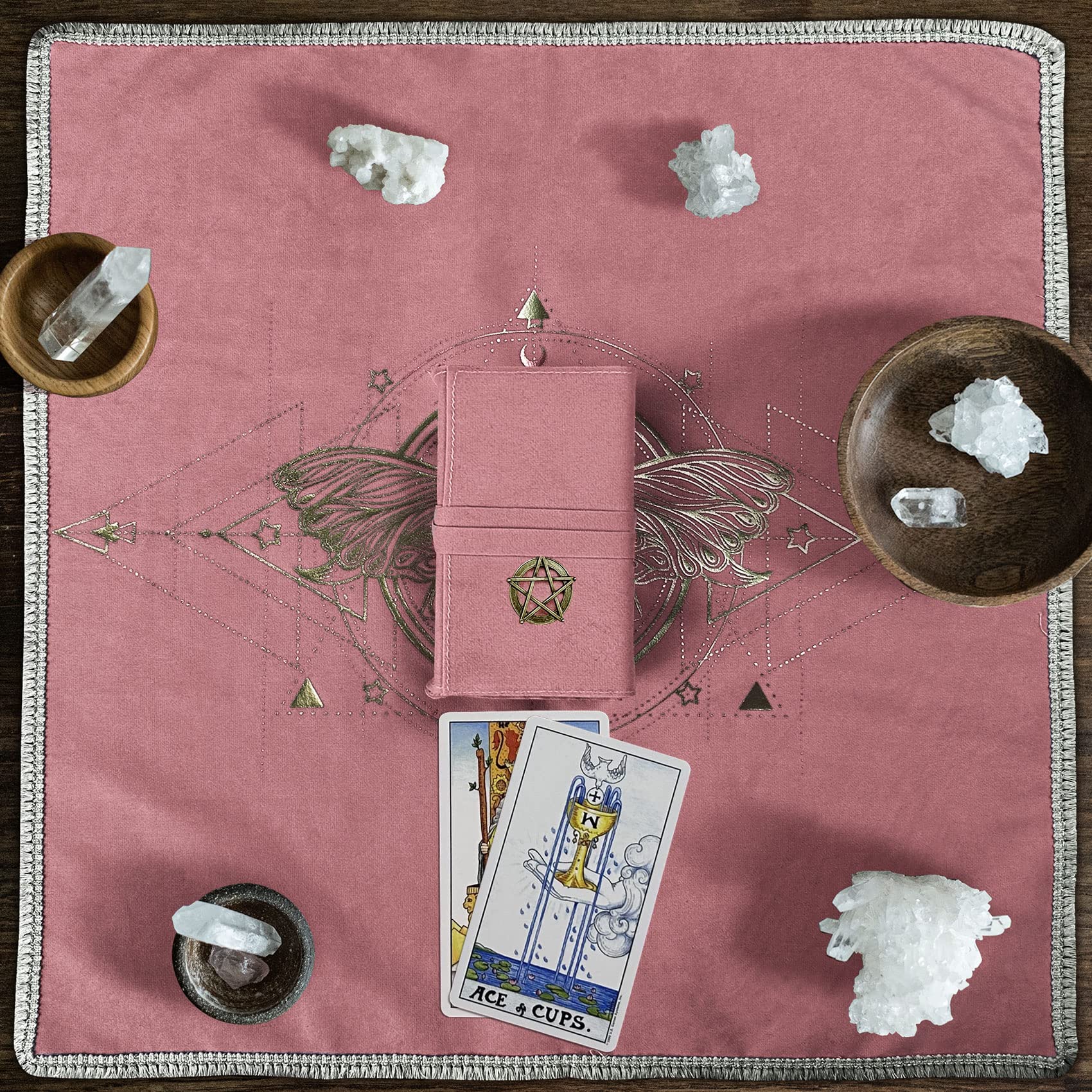 Pretty Pink Velvet Tarot Cloth & Bag Set – Gold Bee Pattern For Readings & Witchcraft