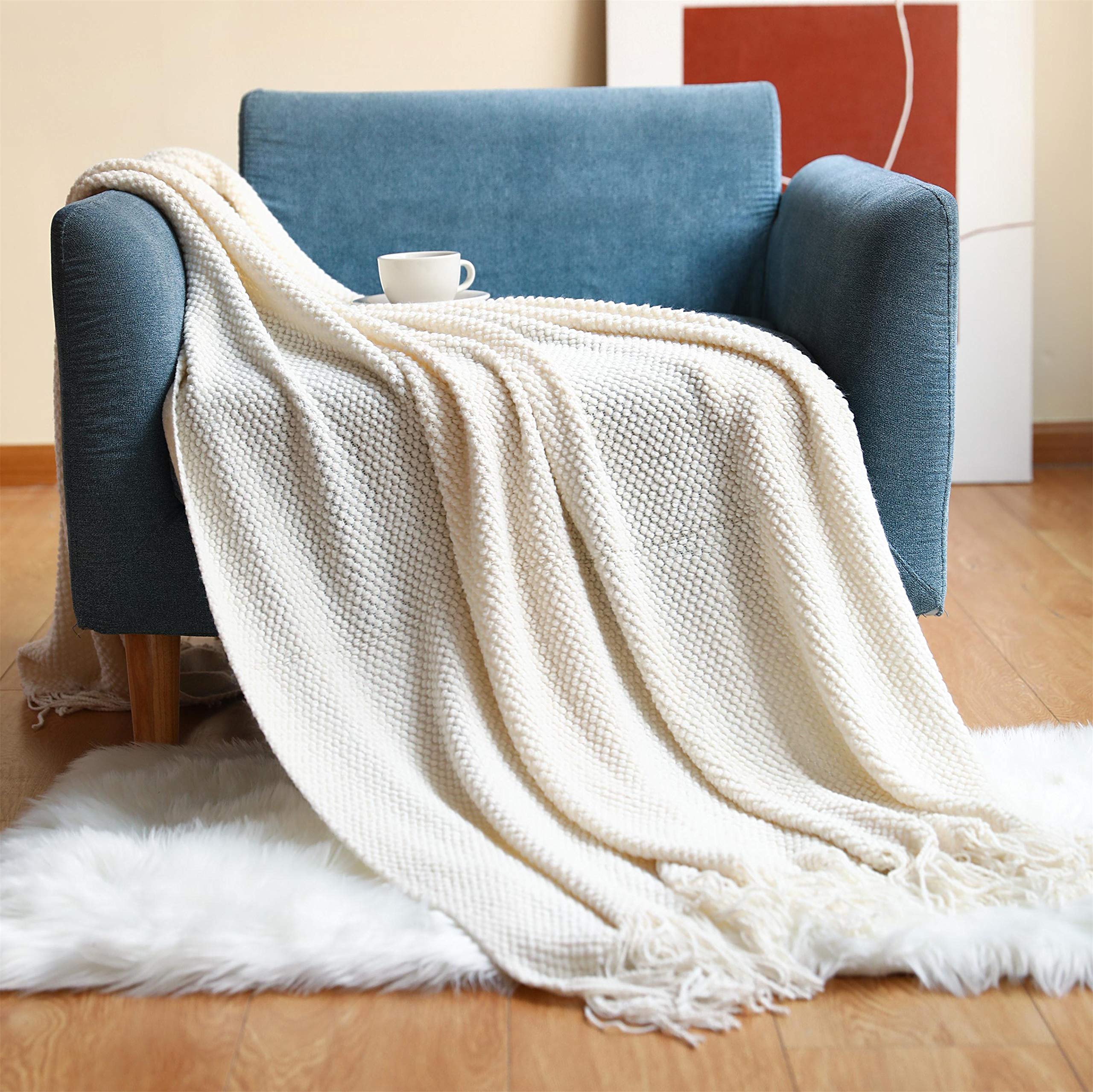 OliveSleep Knitted Throw Blanket Soft Cozy for Couch Chair Sofa Bed Cover, Decorative Blanket, (Cream, 127 x152cm) — image 1