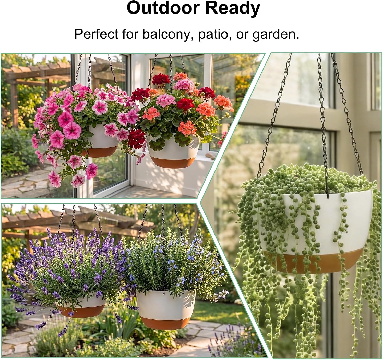 FUSHITON 3 Pack Hanging Planters for Indoor & Outdoor Plants, 10+10+8 Inch Self-Watering Pots with 2 Types of Hangers, Removable Saucer and Drainage Holes for Garden Home Decor - White