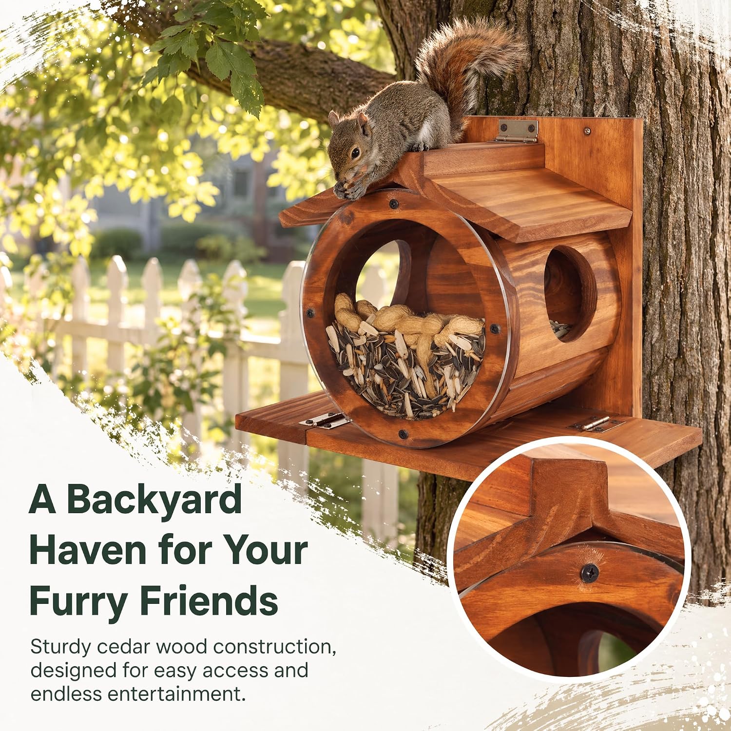 Premium Wood Squirrel Feeder House, Weatherproof Wall Mount Squirrel Food Station for Outside, Backyard Wildlife Feeder for Squirrels & Chipmunks