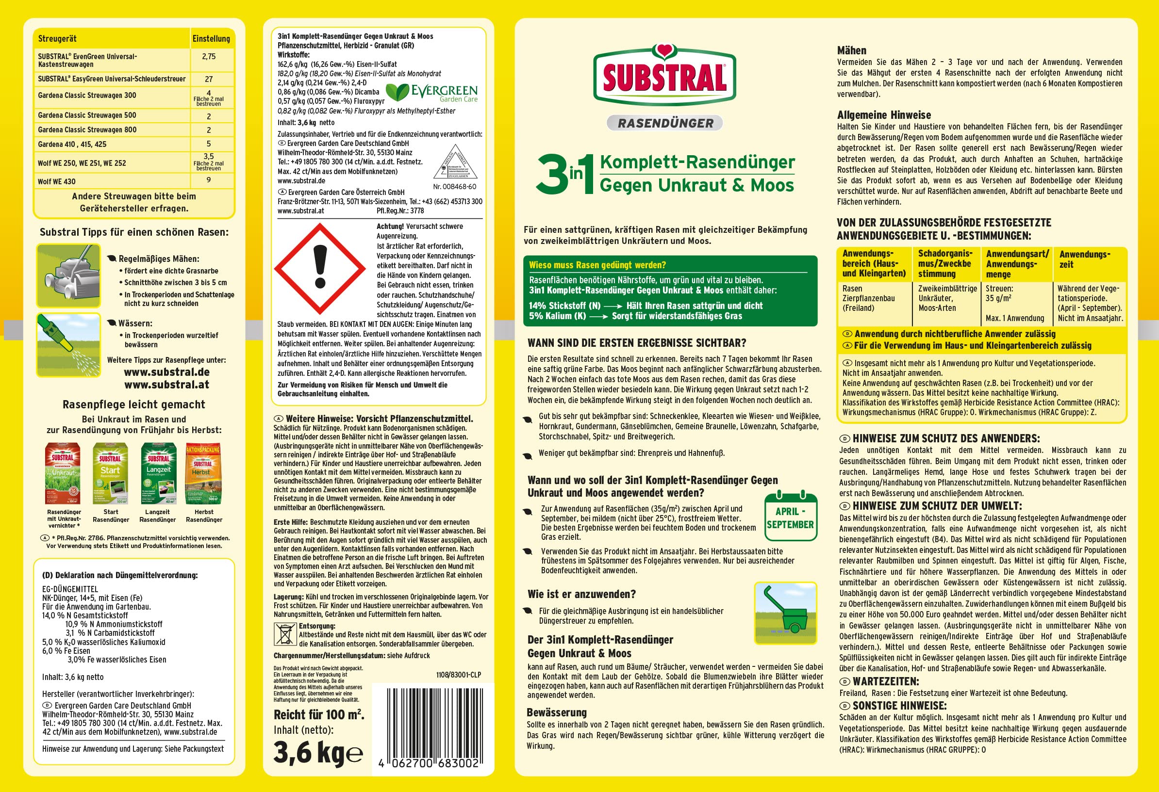 Substral 3 in 1 Komplett Rasendünger mit Unkrautvernichter und Moosvernichter, 3,6 kg für 100 m²